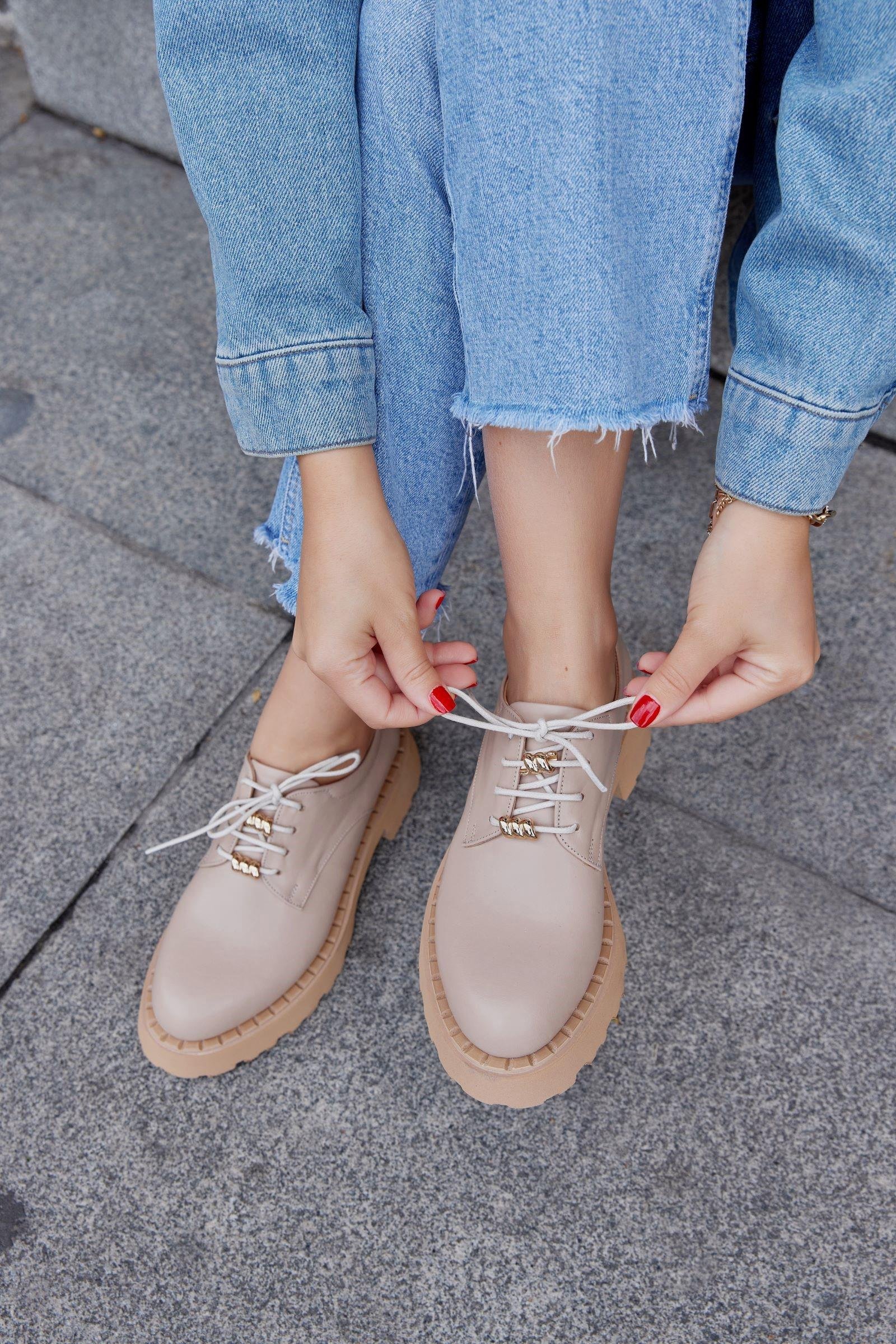 Pavia Nude Hakiki Deri Bağcıklı Kadın Loafer