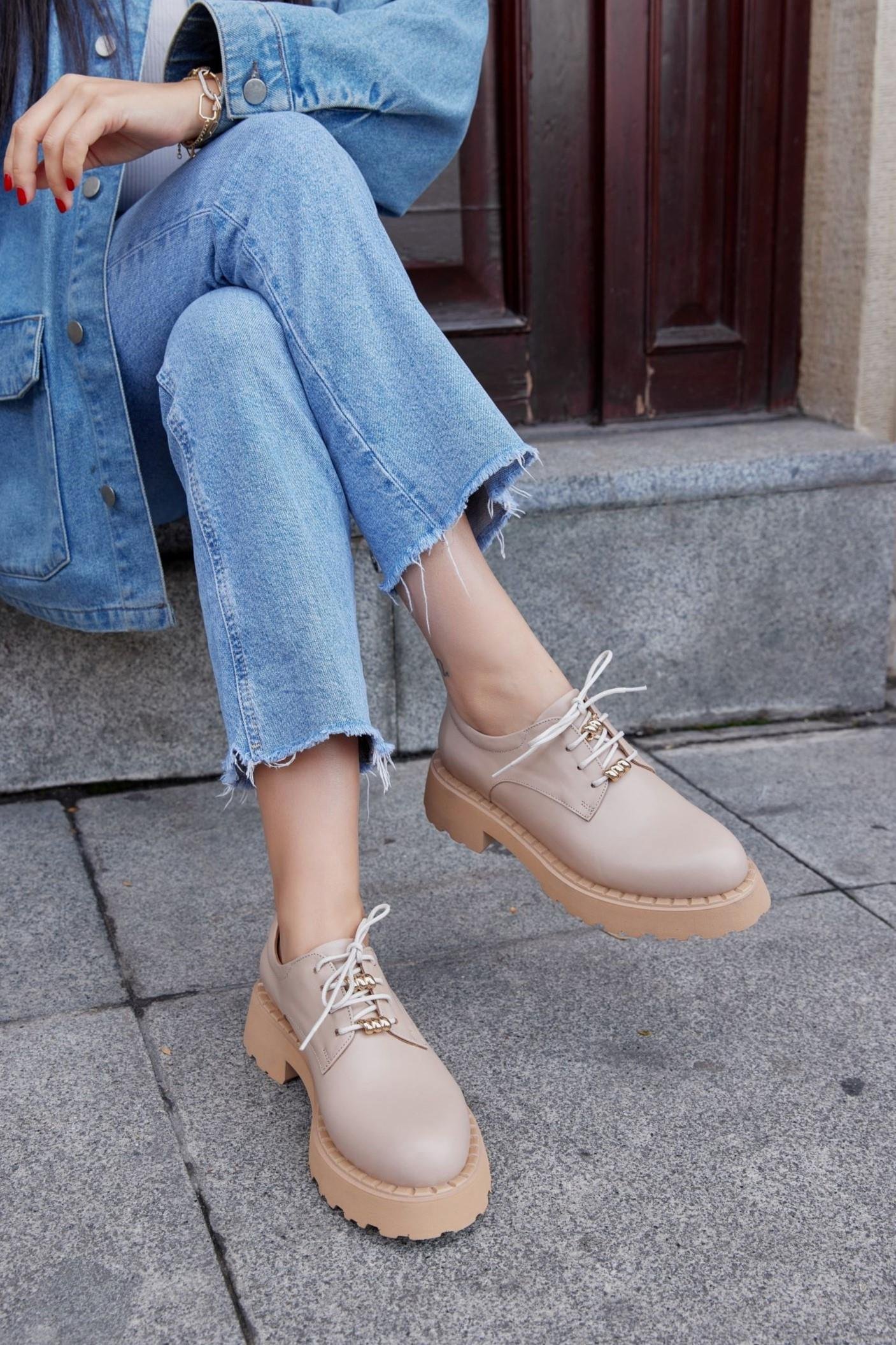 Pavia Nude Hakiki Deri Bağcıklı Kadın Loafer