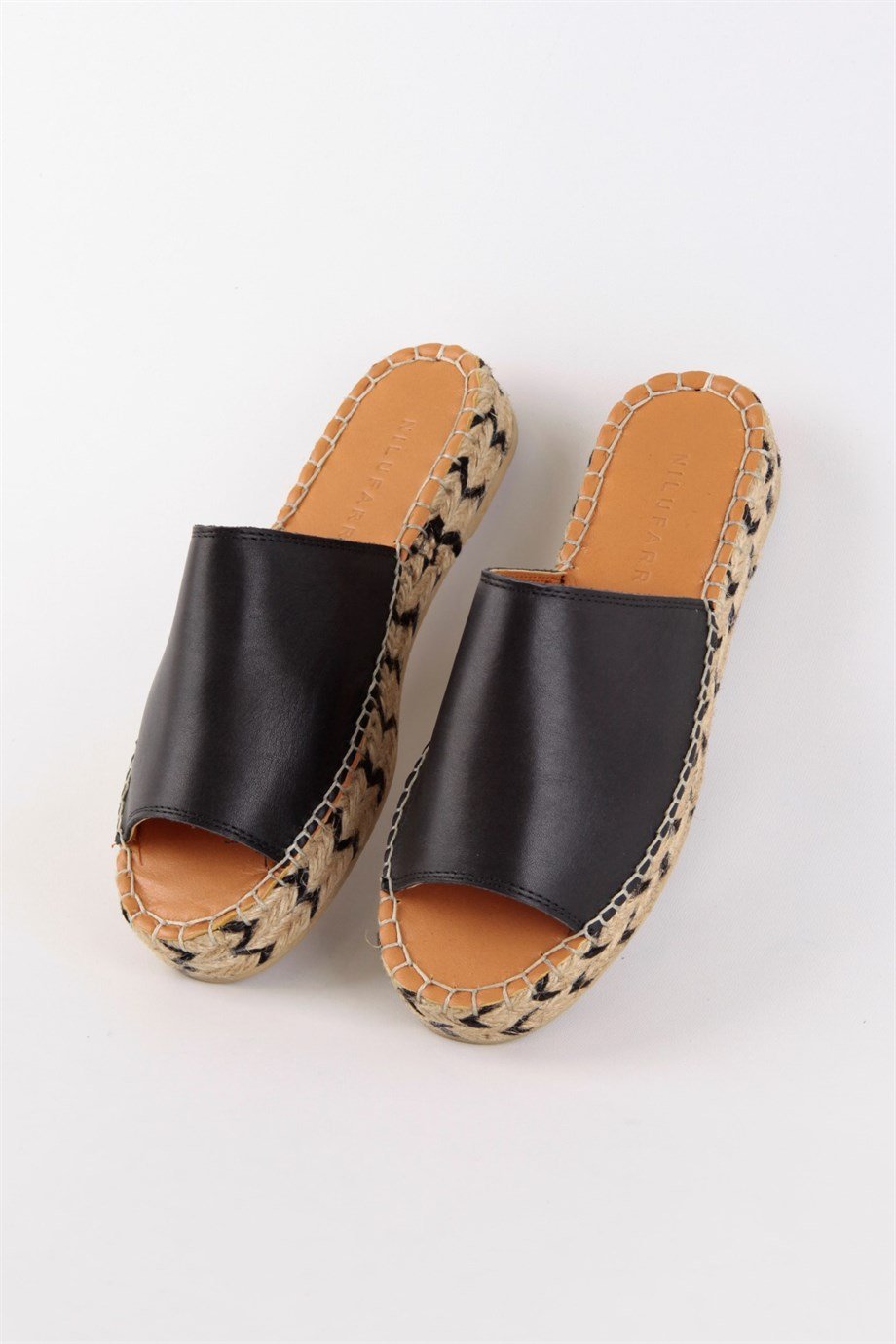 Pera Siyah Hakiki Deri Kadın Espadril Terlik