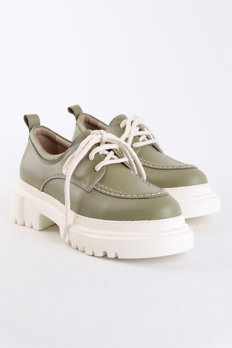 Piona Yeşil Kalın Tabanlı Bağcıklı Kadın Hakiki Deri Loafer