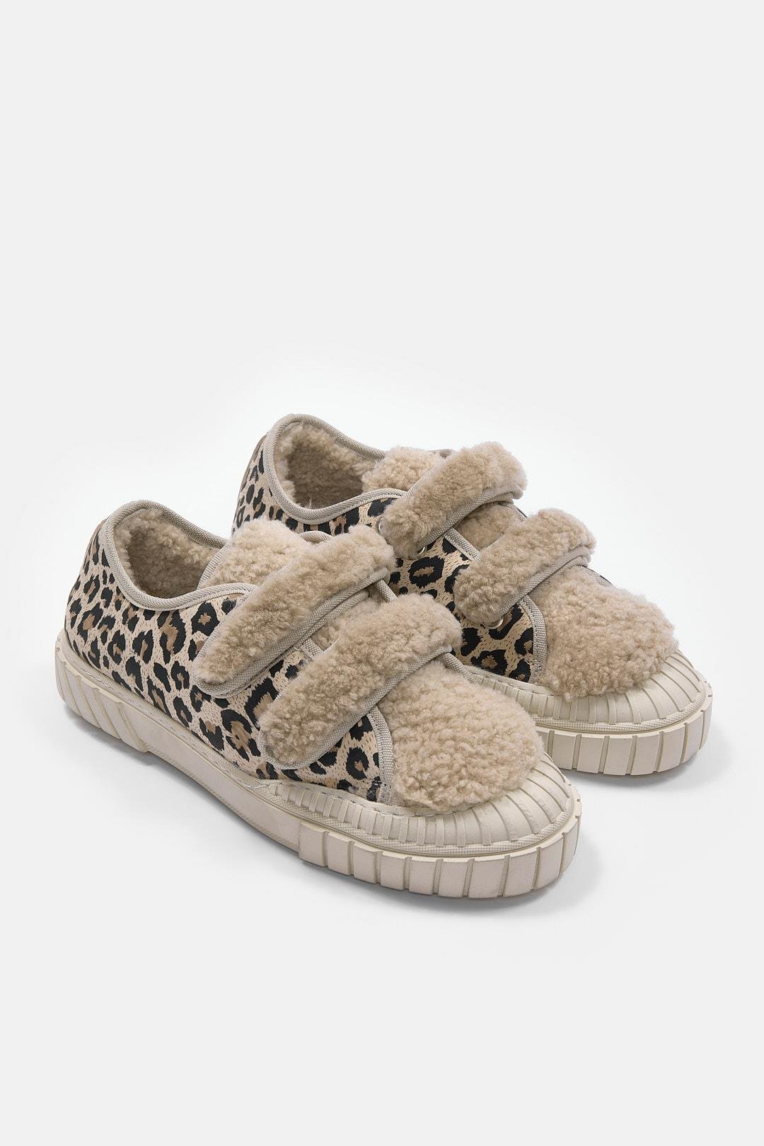 Pookie Bej Leopar Hakiki Deri Kürklü Sneaker