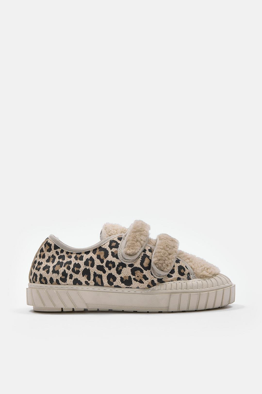 Pookie Bej Leopar Hakiki Deri Kürklü Sneaker
