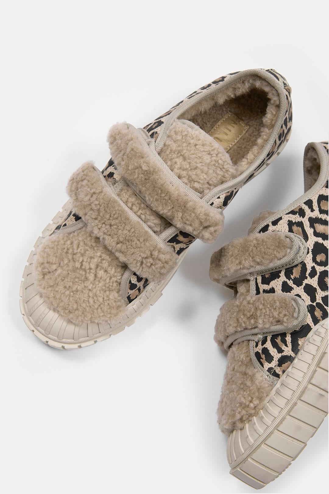 Pookie Bej Leopar Hakiki Deri Kürklü Sneaker