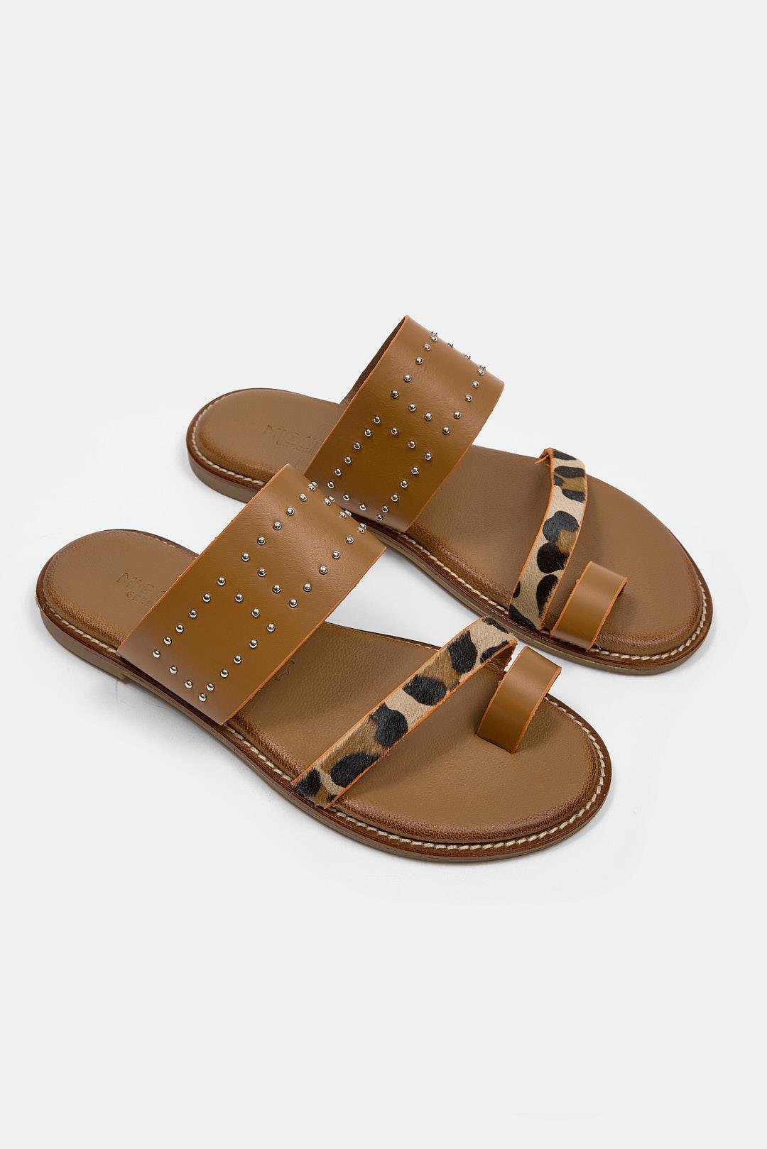 Rebeca Женские Коженые Шлёпки с Табачним Леопврдовым Лентом