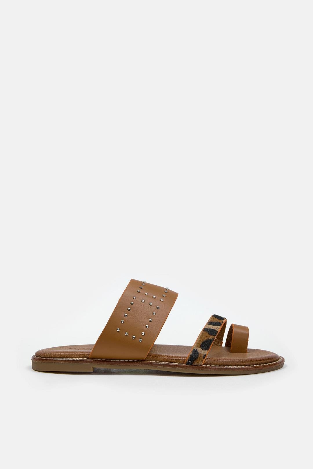 Rebeca Женские Коженые Шлёпки с Табачним Леопврдовым Лентом