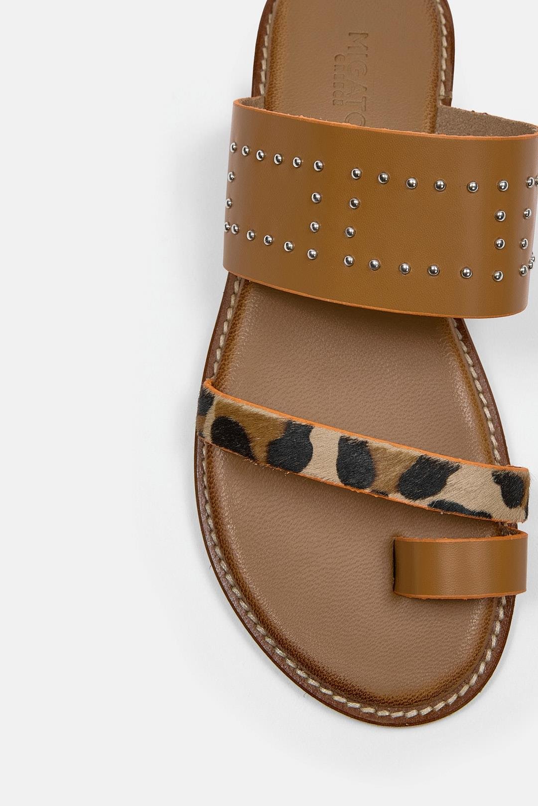 Rebeca Женские Коженые Шлёпки с Табачним Леопврдовым Лентом
