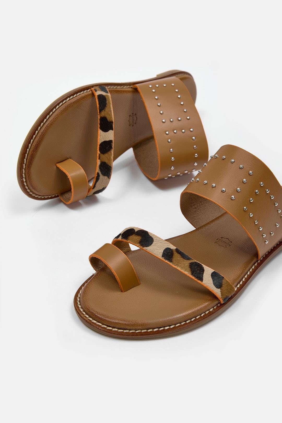 Rebeca Женские Коженые Шлёпки с Табачним Леопврдовым Лентом