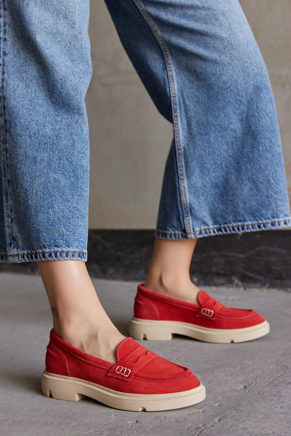 Rena Kırmızı Süet Hakiki Deri Kadın Loafer