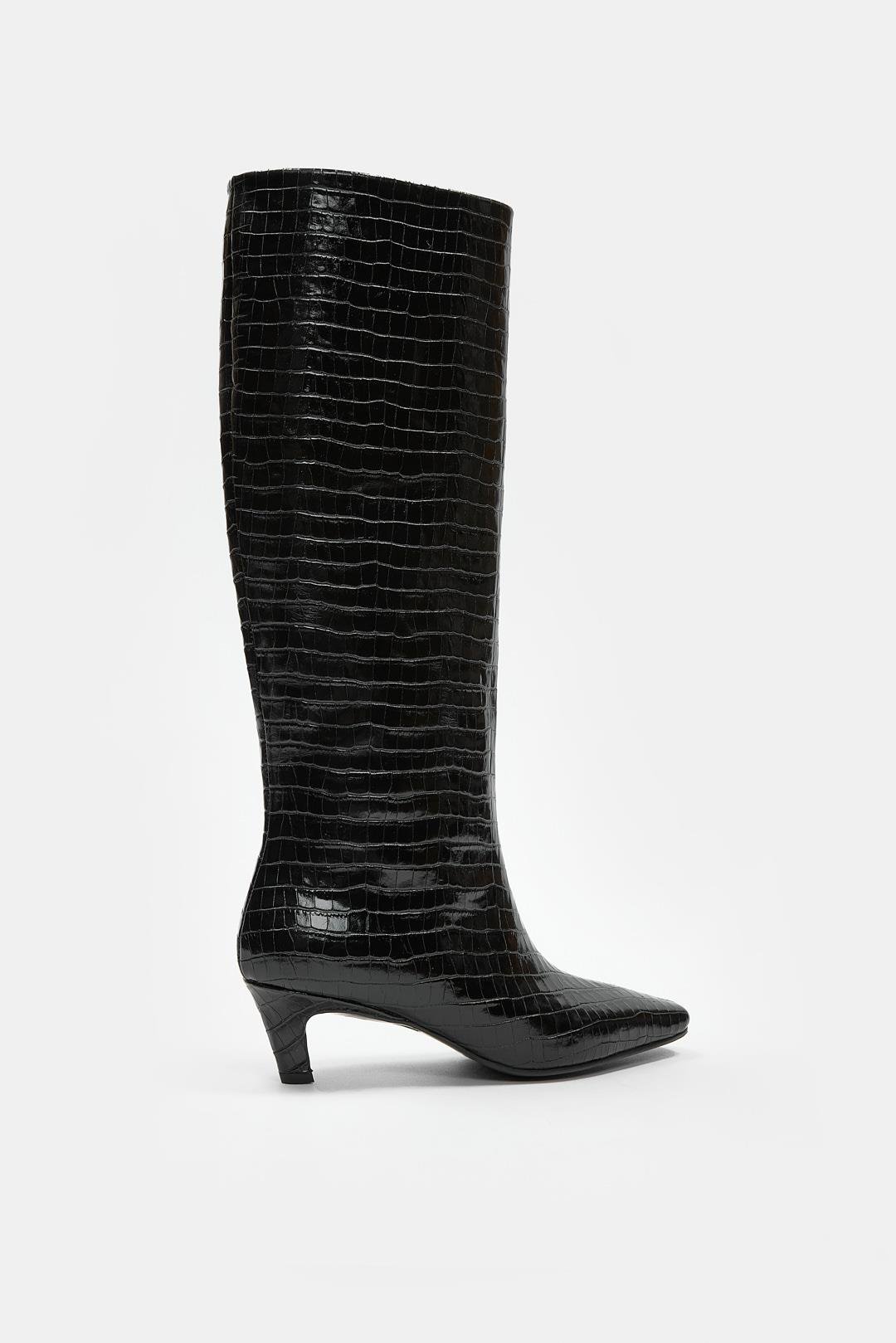Rolene Siyah Kroko Hakiki Deri Kısa Topuklu Kadın Çizme