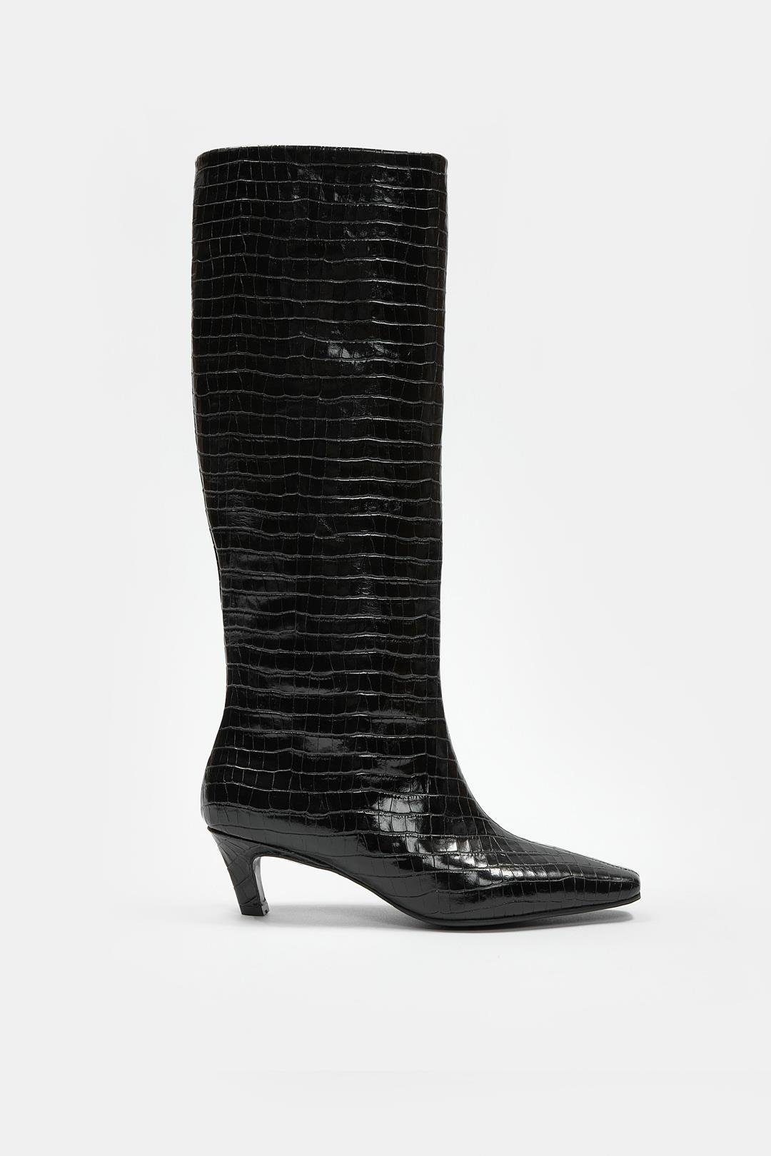 Rolene Siyah Kroko Hakiki Deri Kısa Topuklu Kadın Çizme