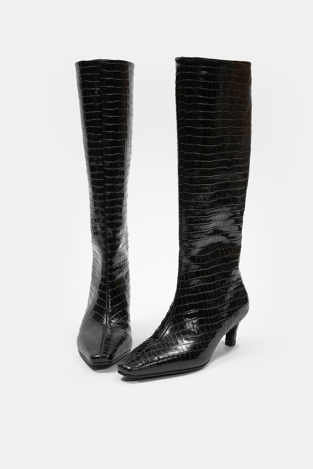 Rolene Siyah Kroko Hakiki Deri Kısa Topuklu Kadın Çizme