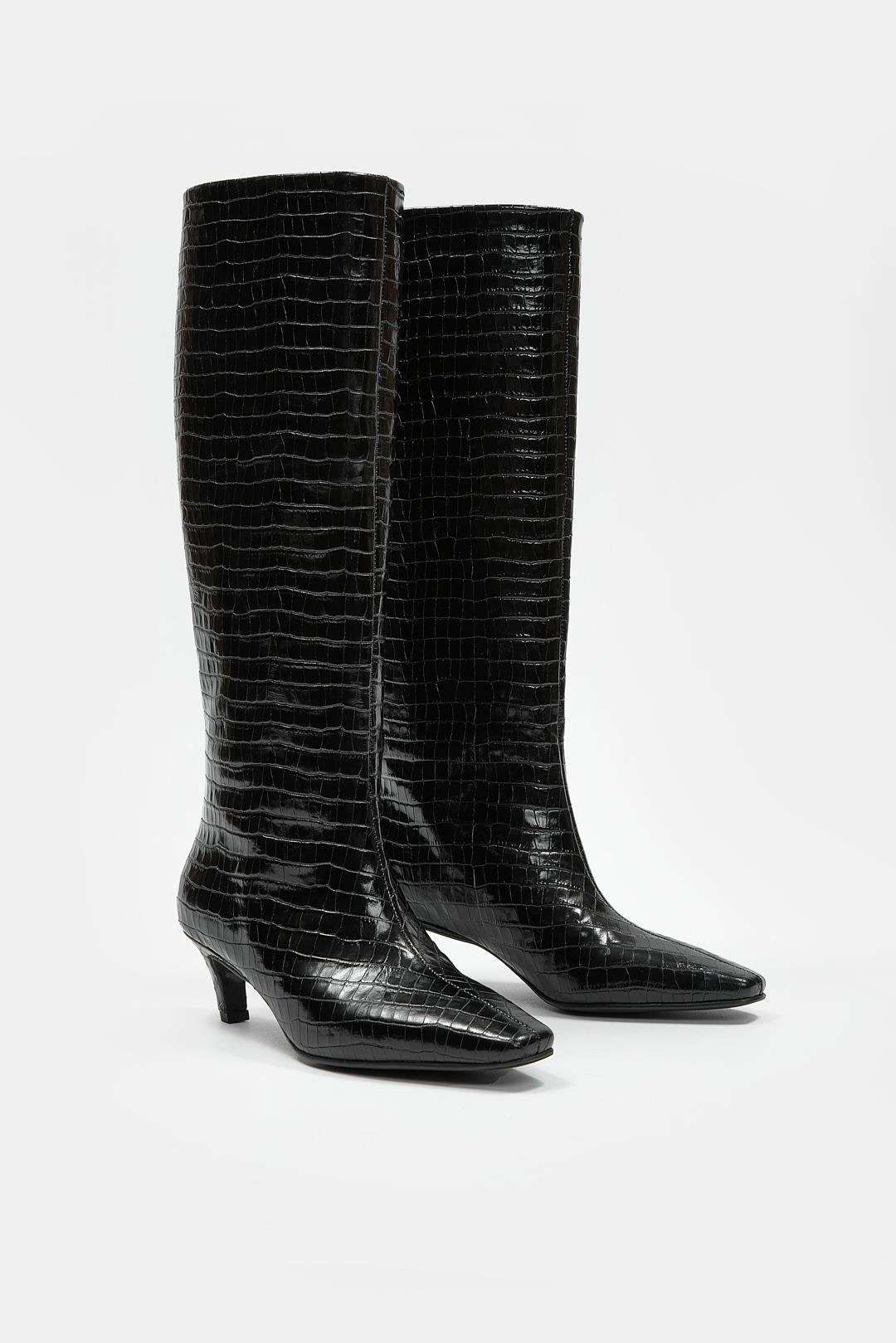 Rolene Siyah Kroko Hakiki Deri Kısa Topuklu Kadın Çizme