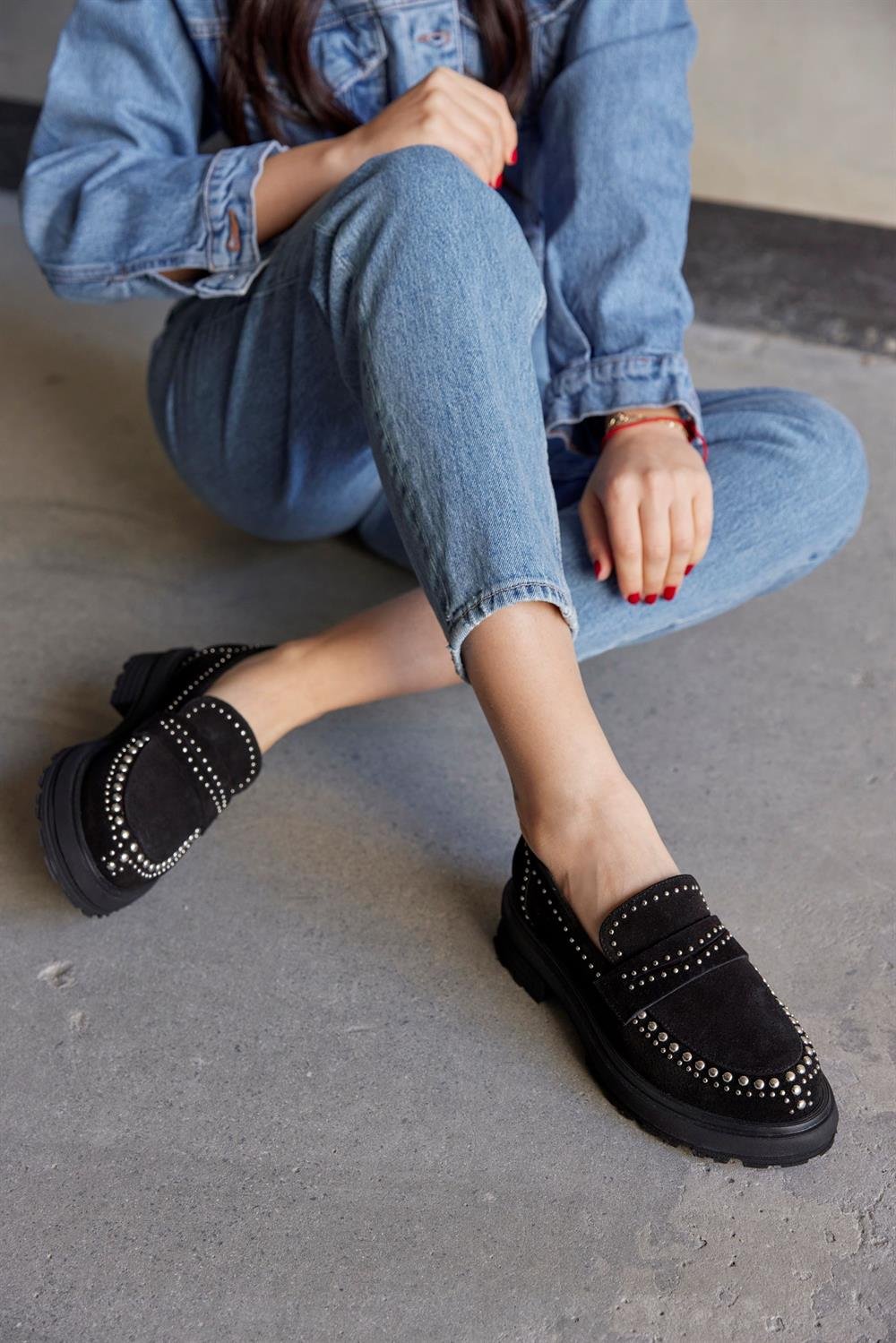 Rosy Siyah Hakiki Süet Troklu Kadın Loafer