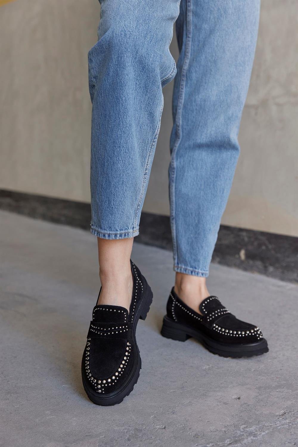 Rosy Siyah Hakiki Süet Troklu Kadın Loafer