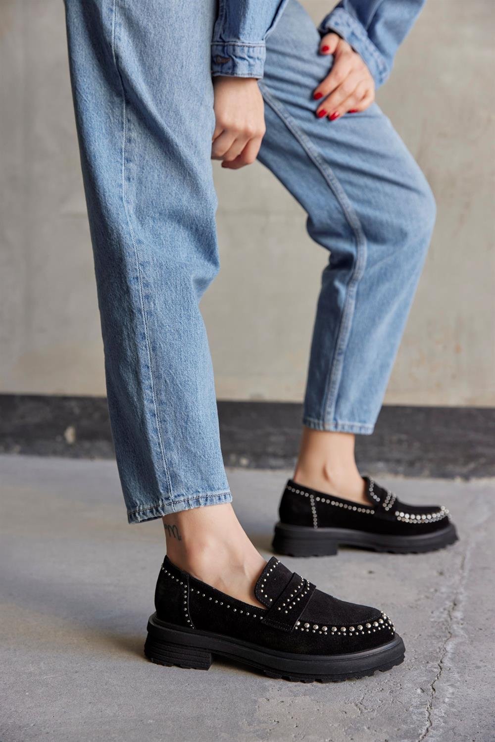 Rosy Siyah Hakiki Süet Troklu Kadın Loafer