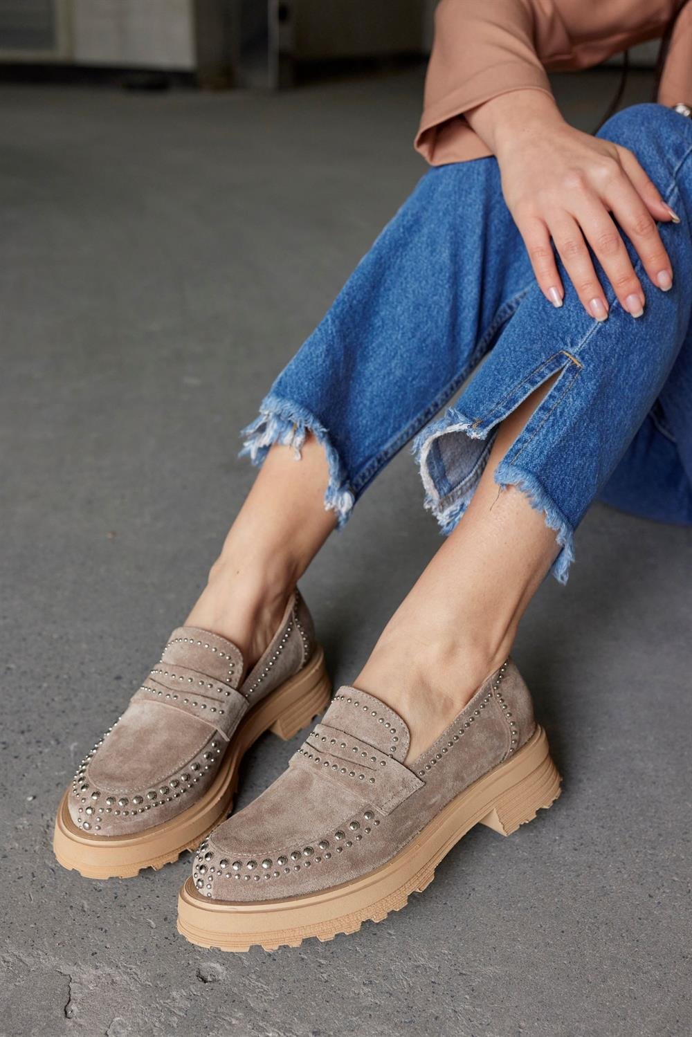 Rosy Vizon Hakiki Süet Troklu Kadın Loafer