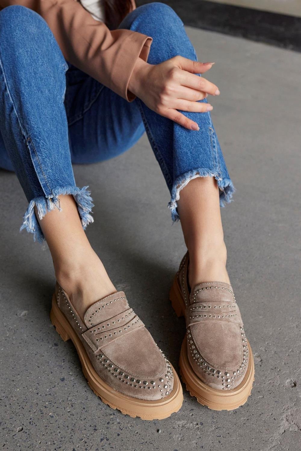 Rosy Vizon Hakiki Süet Troklu Kadın Loafer