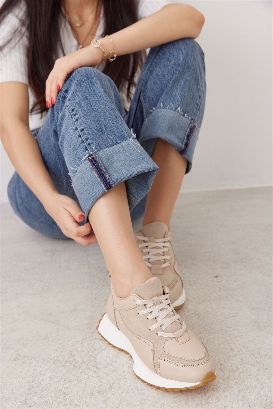 Sara Bej Hakiki Deri Bağcıklı Kadın Sneaker