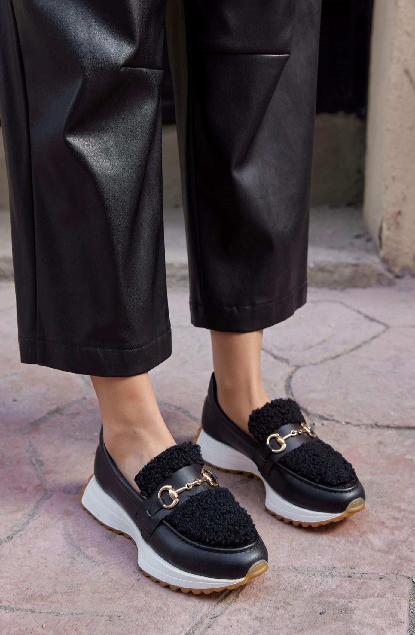 Shaggy Siyah Hakiki Deri Kürklü Kadın Sneaker