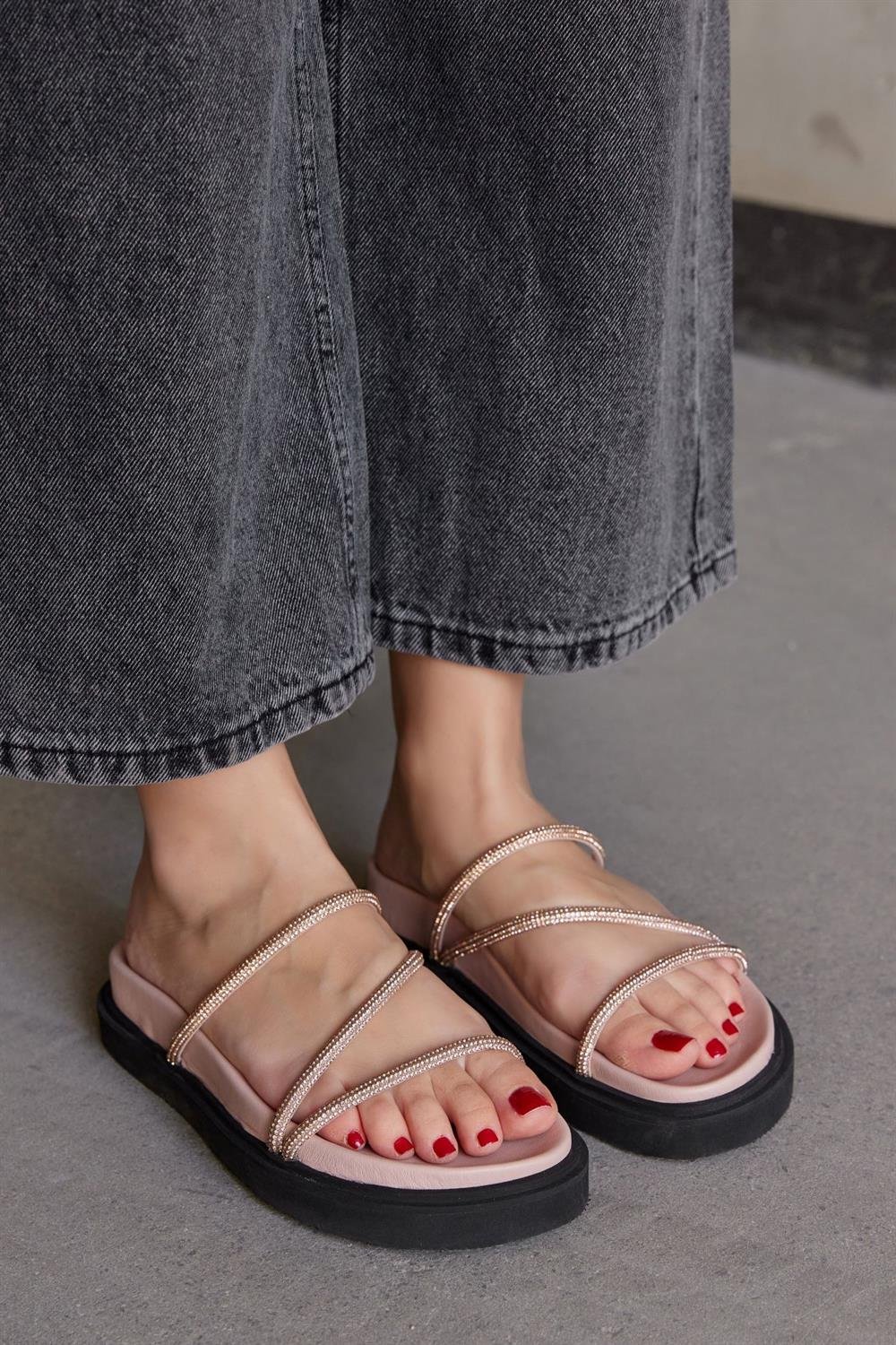 Shiny Powder Pink Genuine Leather Stone Women's Slippers