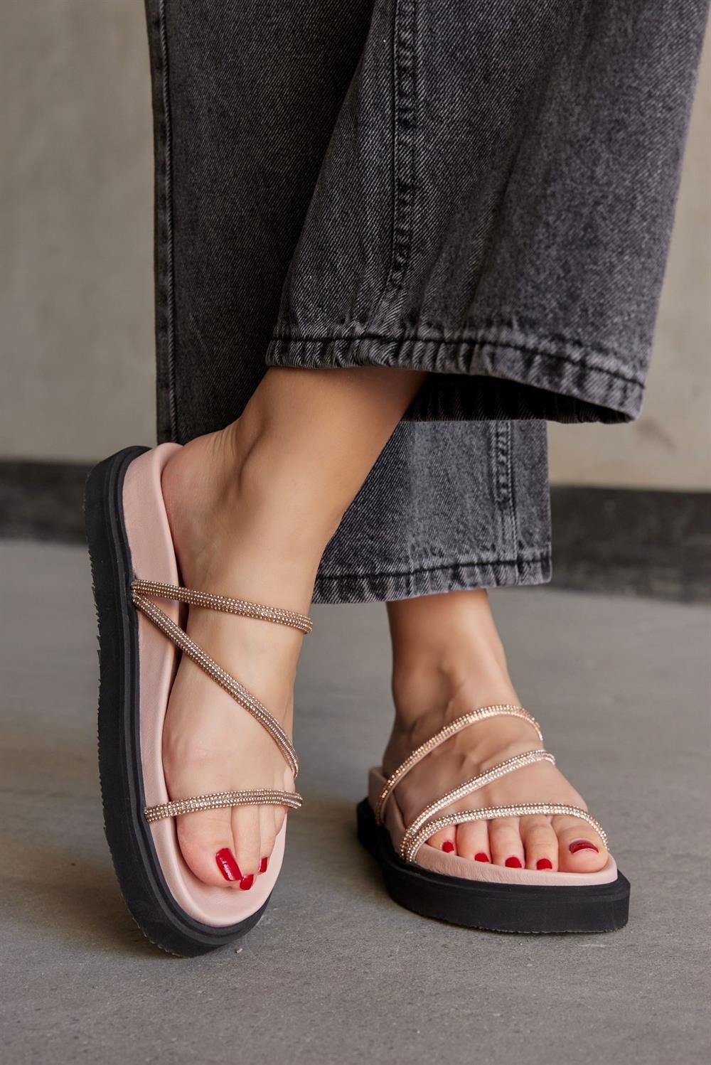 Shiny Powder Pink Genuine Leather Stone Women's Slippers