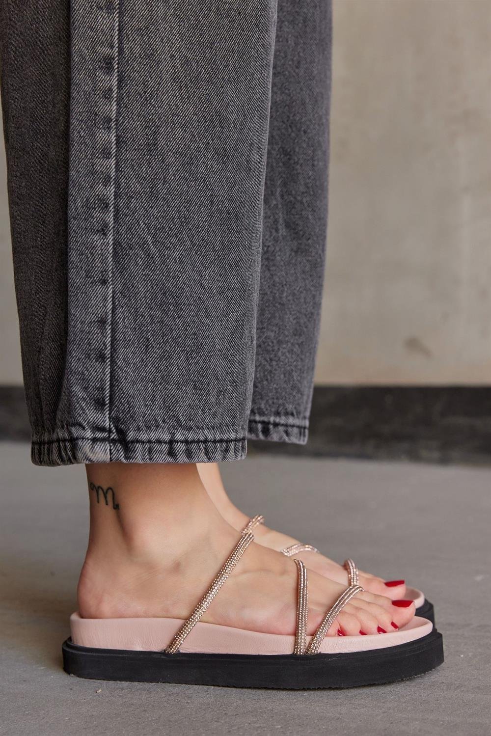 Shiny Powder Pink Genuine Leather Stone Women's Slippers