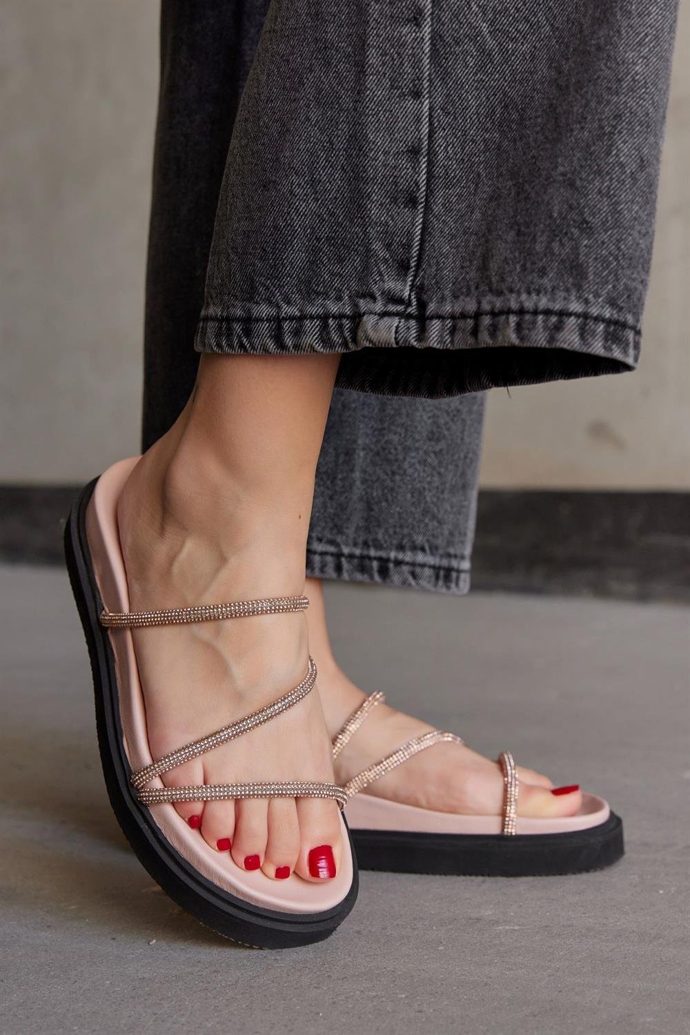 Shiny Powder Pink Genuine Leather Stone Women's Slippers