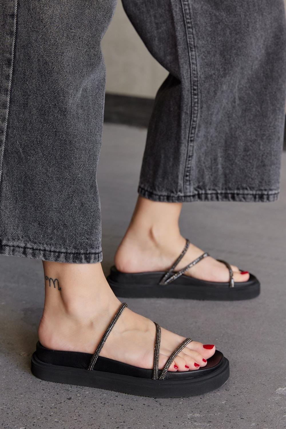 Shiny Black Genuine Leather Stone Women's Slippers