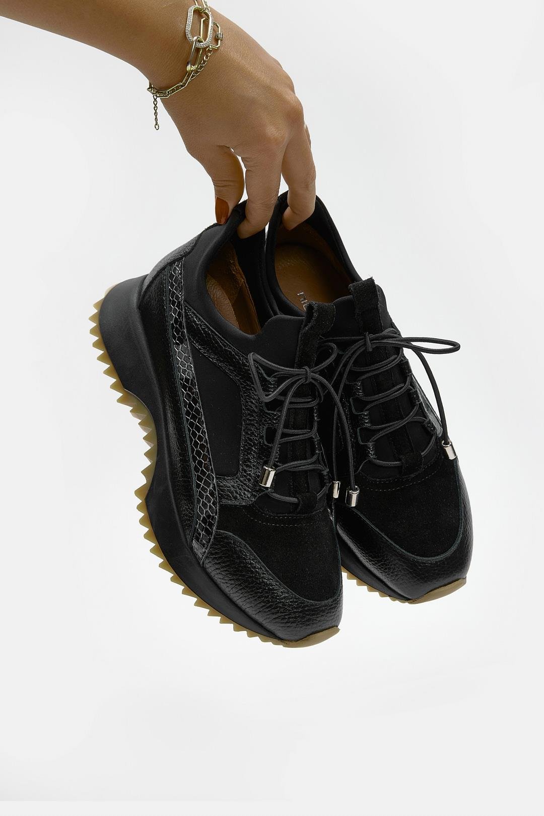 Sidney Siyah Hakiki Deri Yılan Desenli Kadın Sneaker