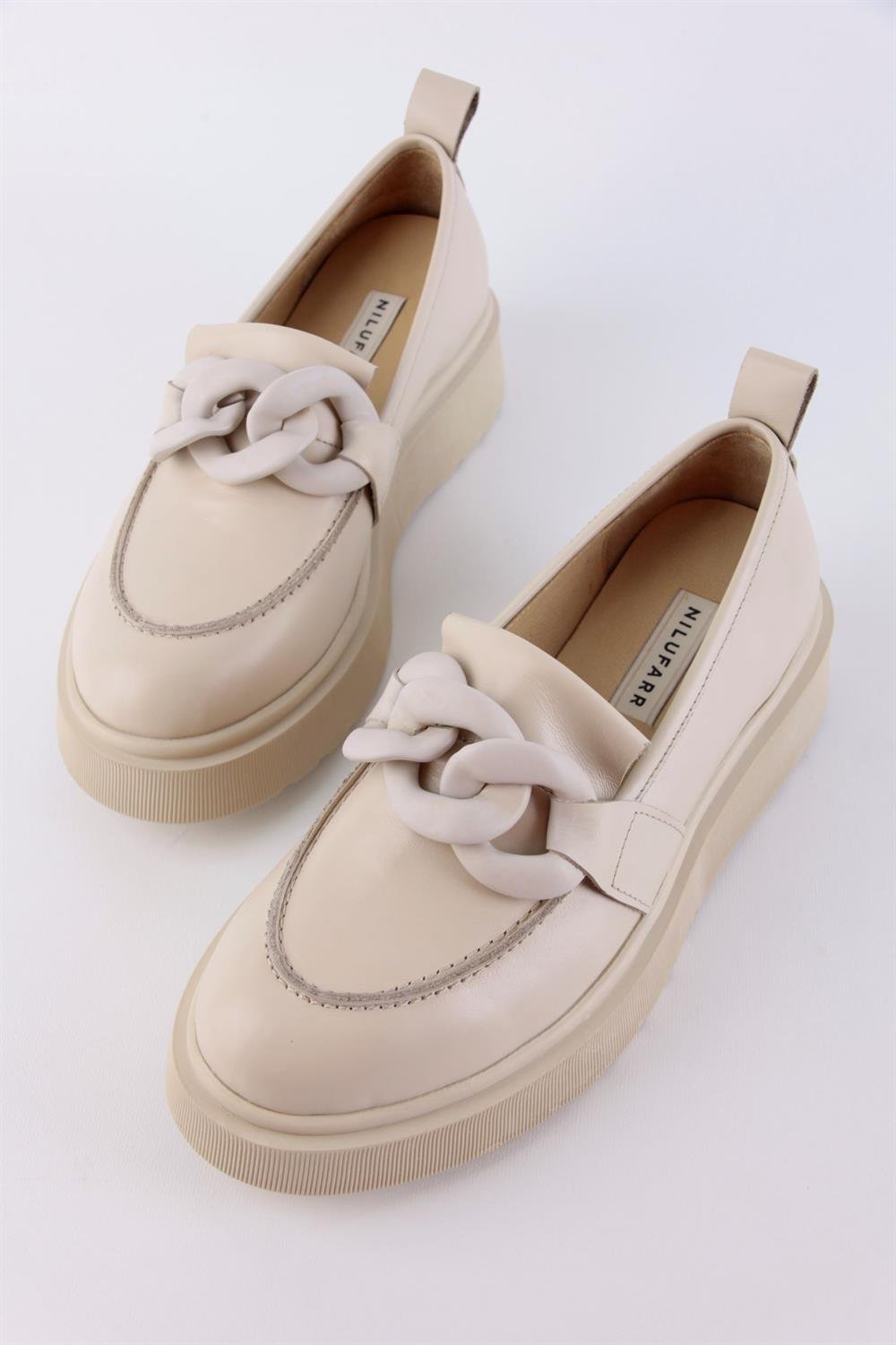 Simona Bej Hakiki Deri Zincir Aksesuarlı Kadın Loafer