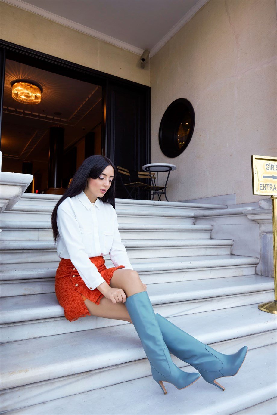 Стефана Синие Женские Сапоги из Натуральной Кожи 