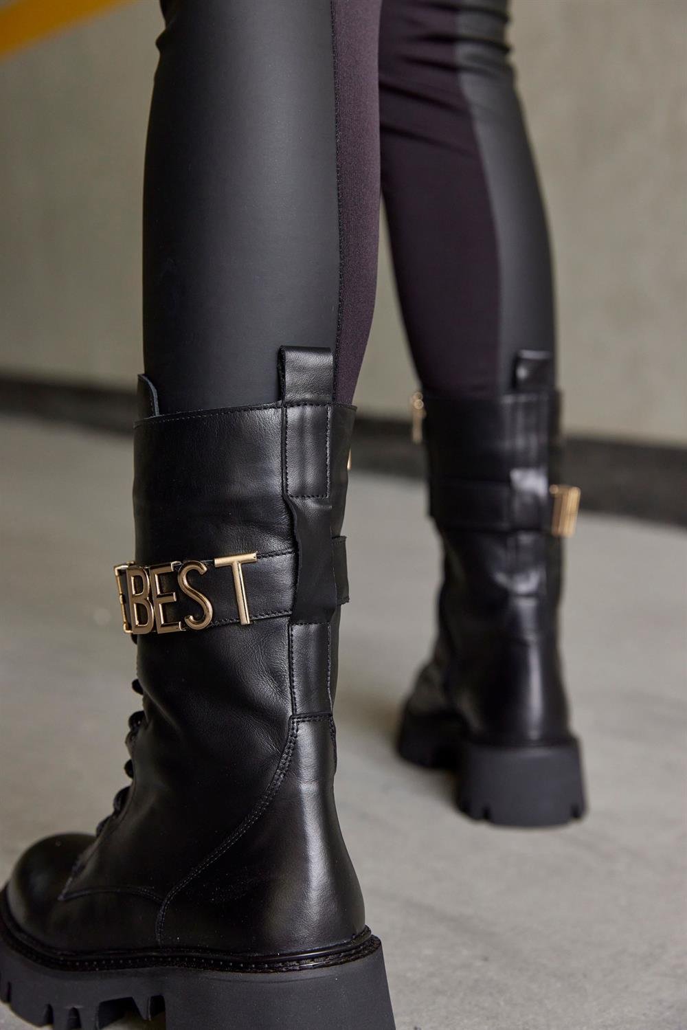 THE-BEST Siyah Hakiki Deri Kadın Postal