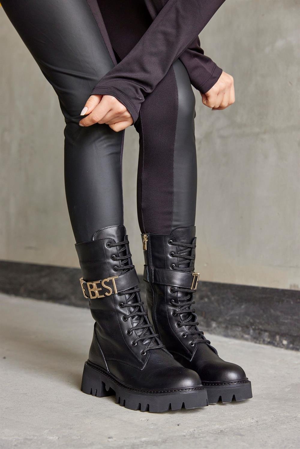 THE-BEST Siyah Hakiki Deri Kadın Postal