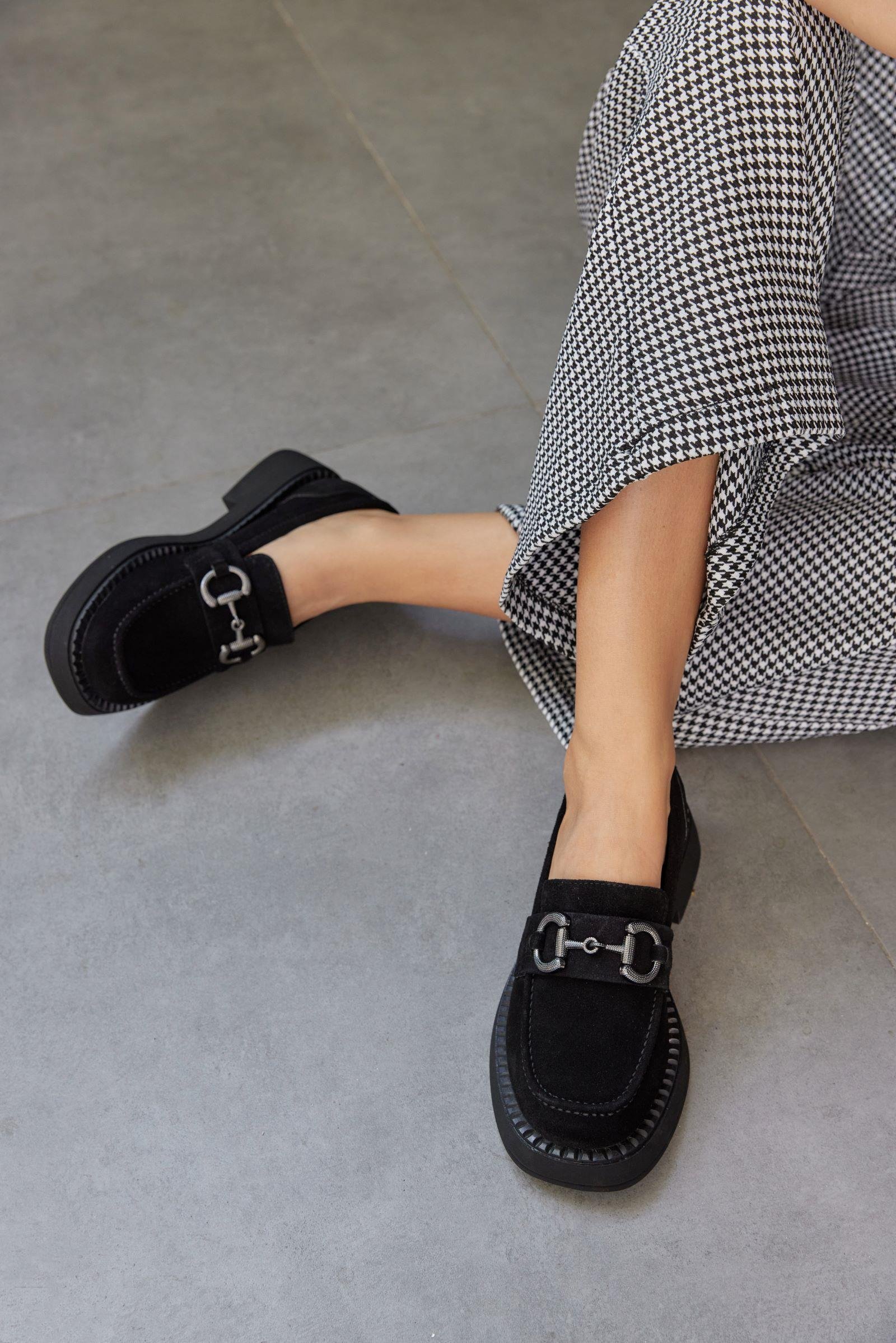 Toty Siyah Süet Hakiki Deri Kadın Loafer