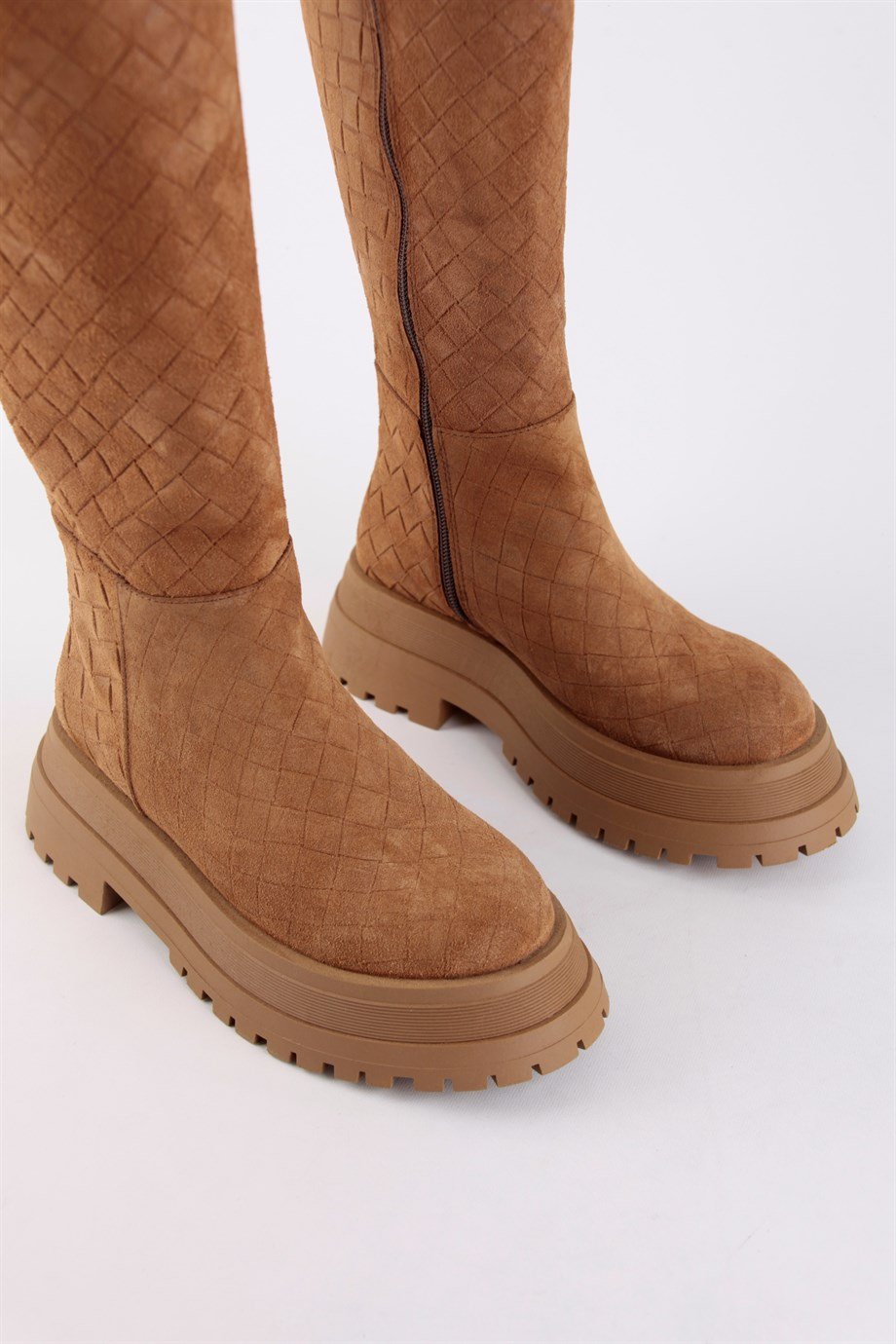 Vanessa Taba Süet Örgü Desenli Hakiki Deri Kalın Tabanlı Kadın Çizme
