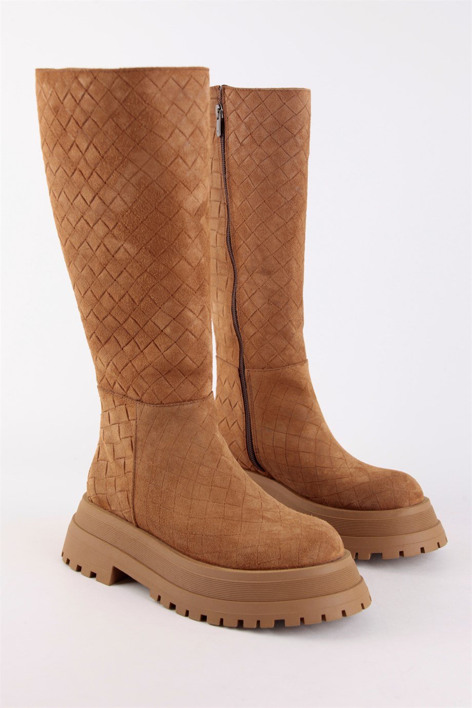 Vanessa Taba Süet Örgü Desenli Hakiki Deri Kalın Tabanlı Kadın Çizme