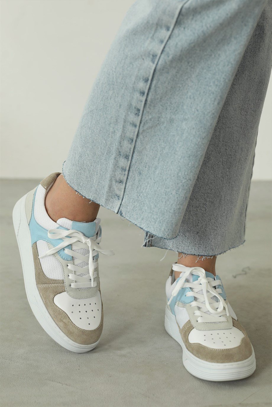 Vontex Beyaz/Mavi Deri Kadın Sneakers