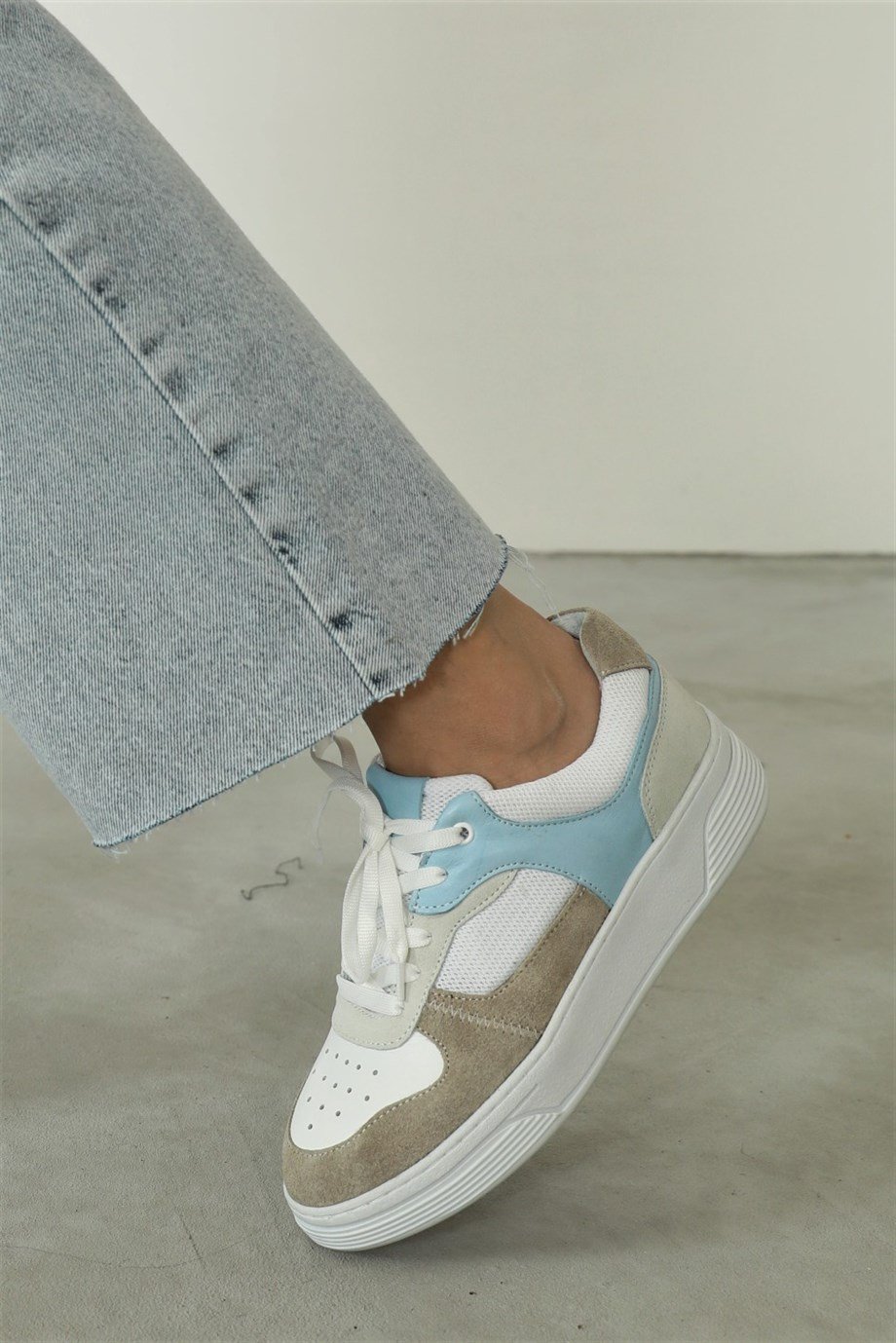 Vontex Beyaz/Mavi Deri Kadın Sneakers