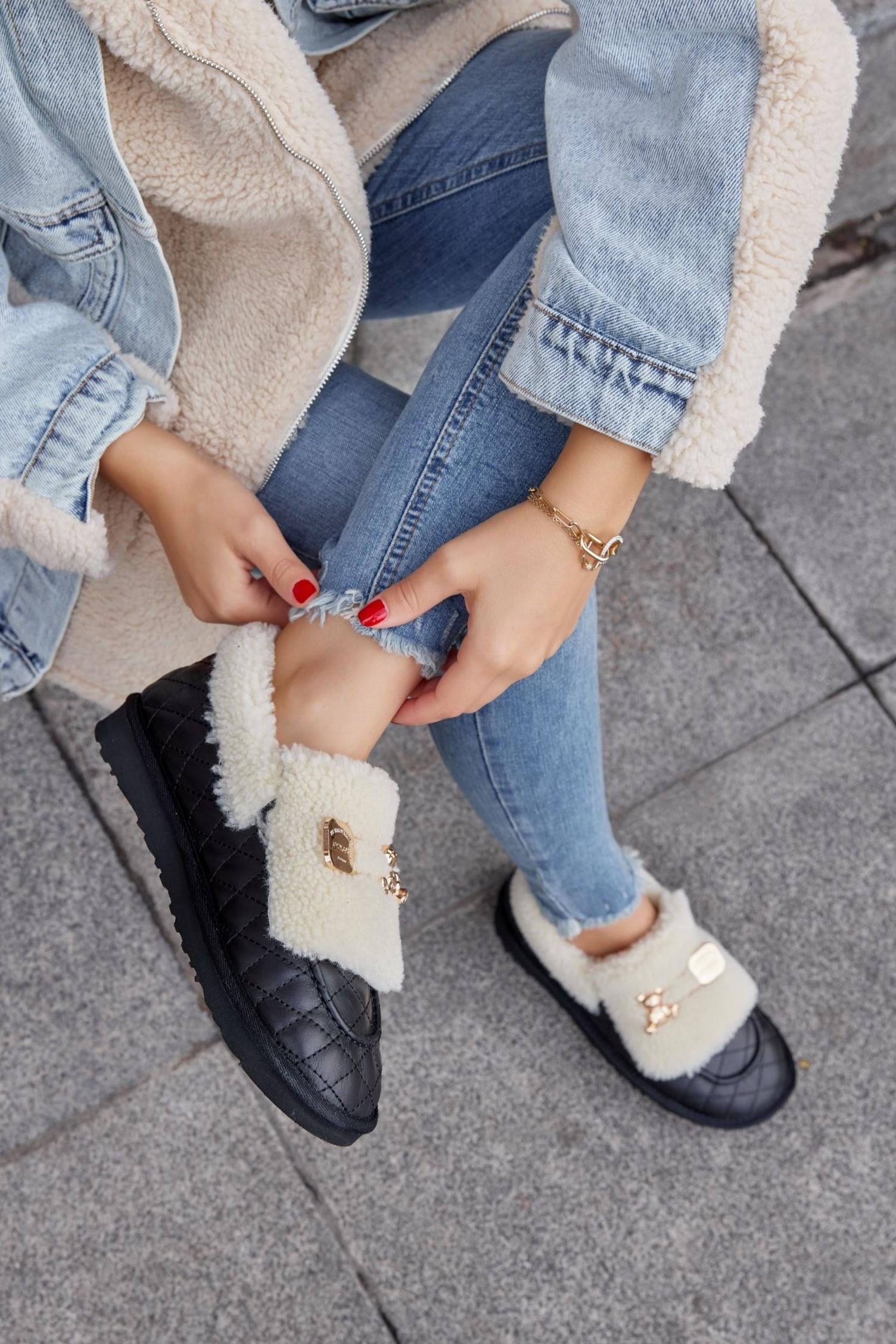 Winter Teddy Siyah Hakiki Deri Yünlü Kadın Bot