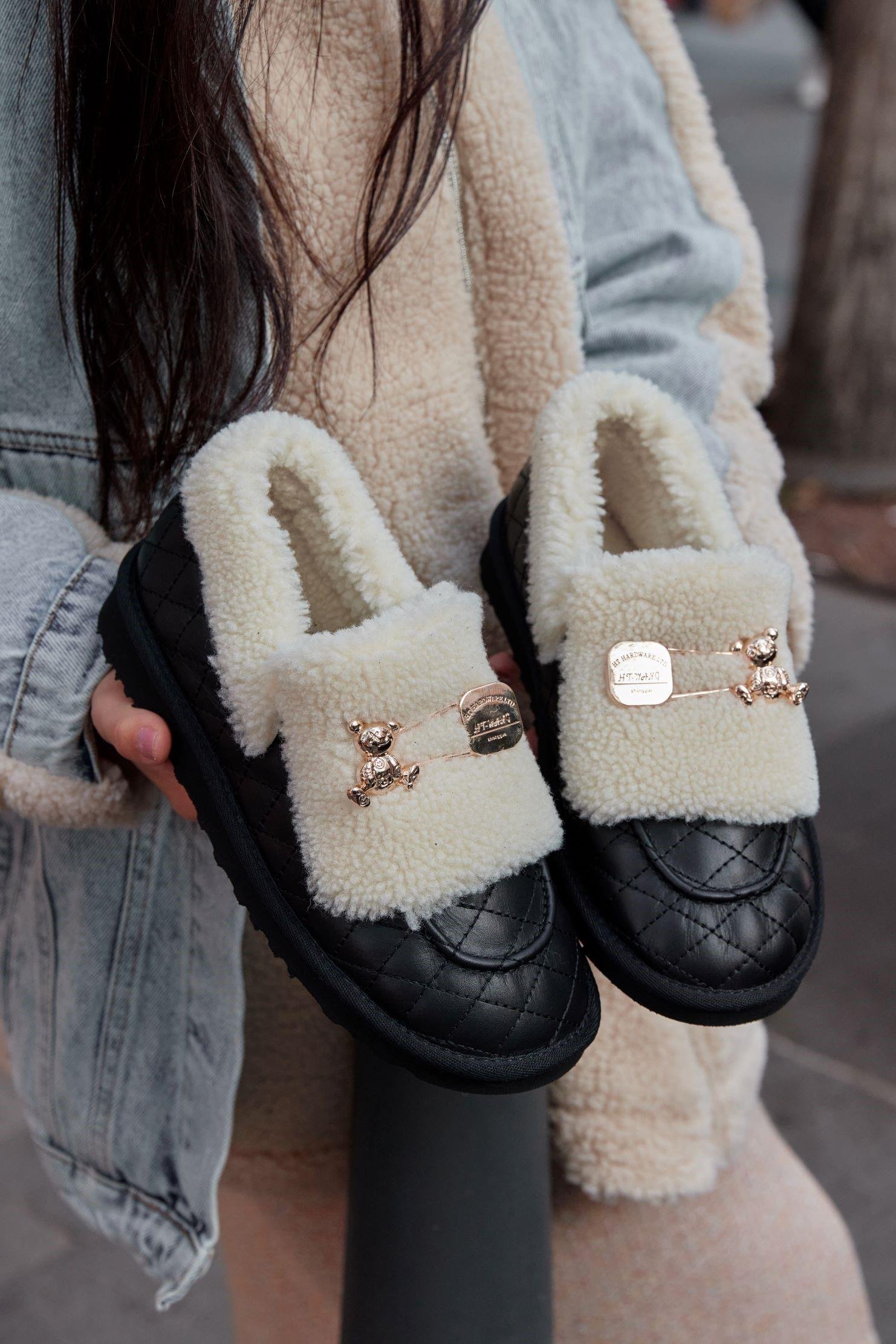 Winter Teddy Siyah Hakiki Deri Yünlü Kadın Bot