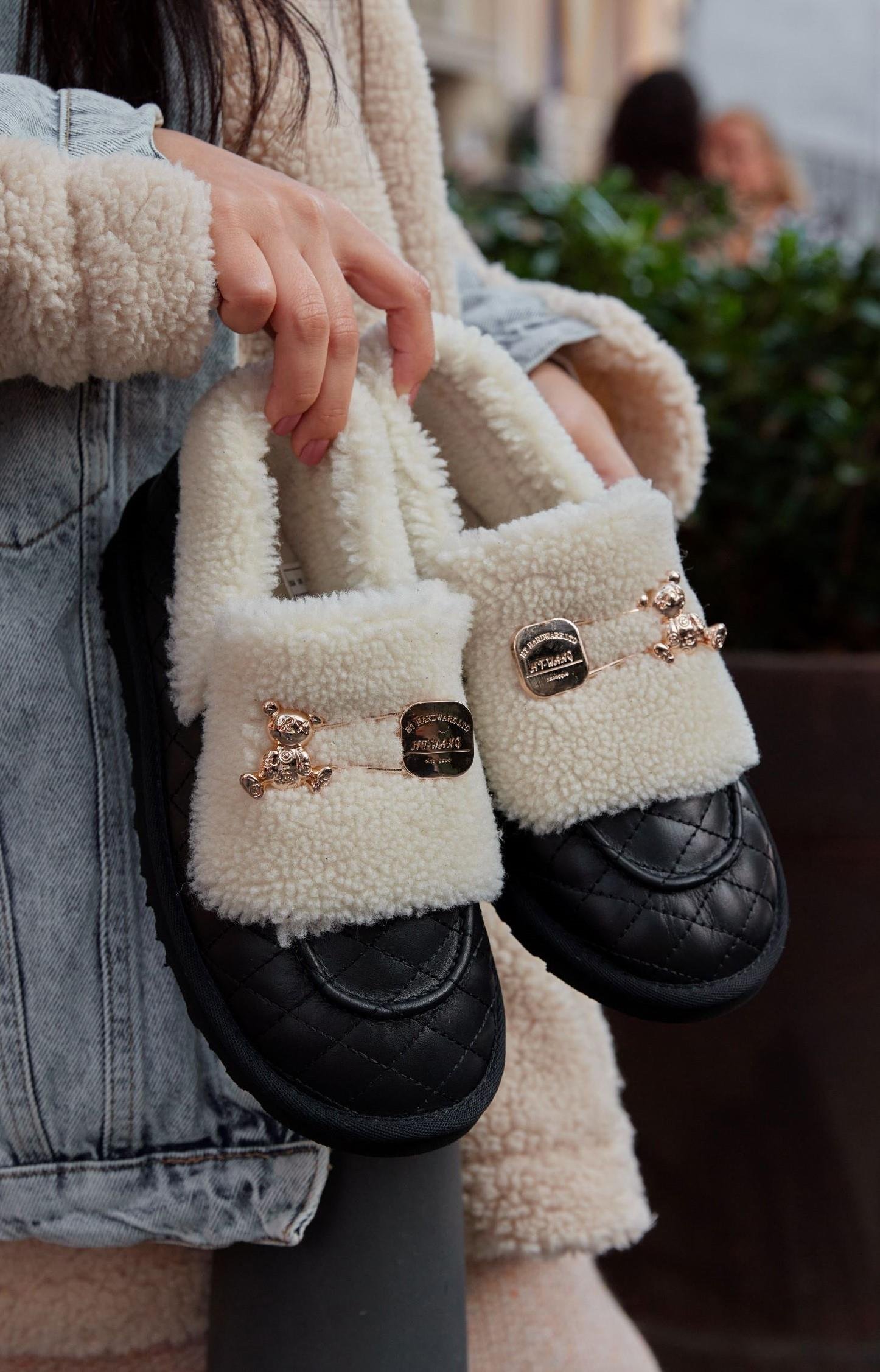 Winter Teddy Siyah Hakiki Deri Yünlü Kadın Bot