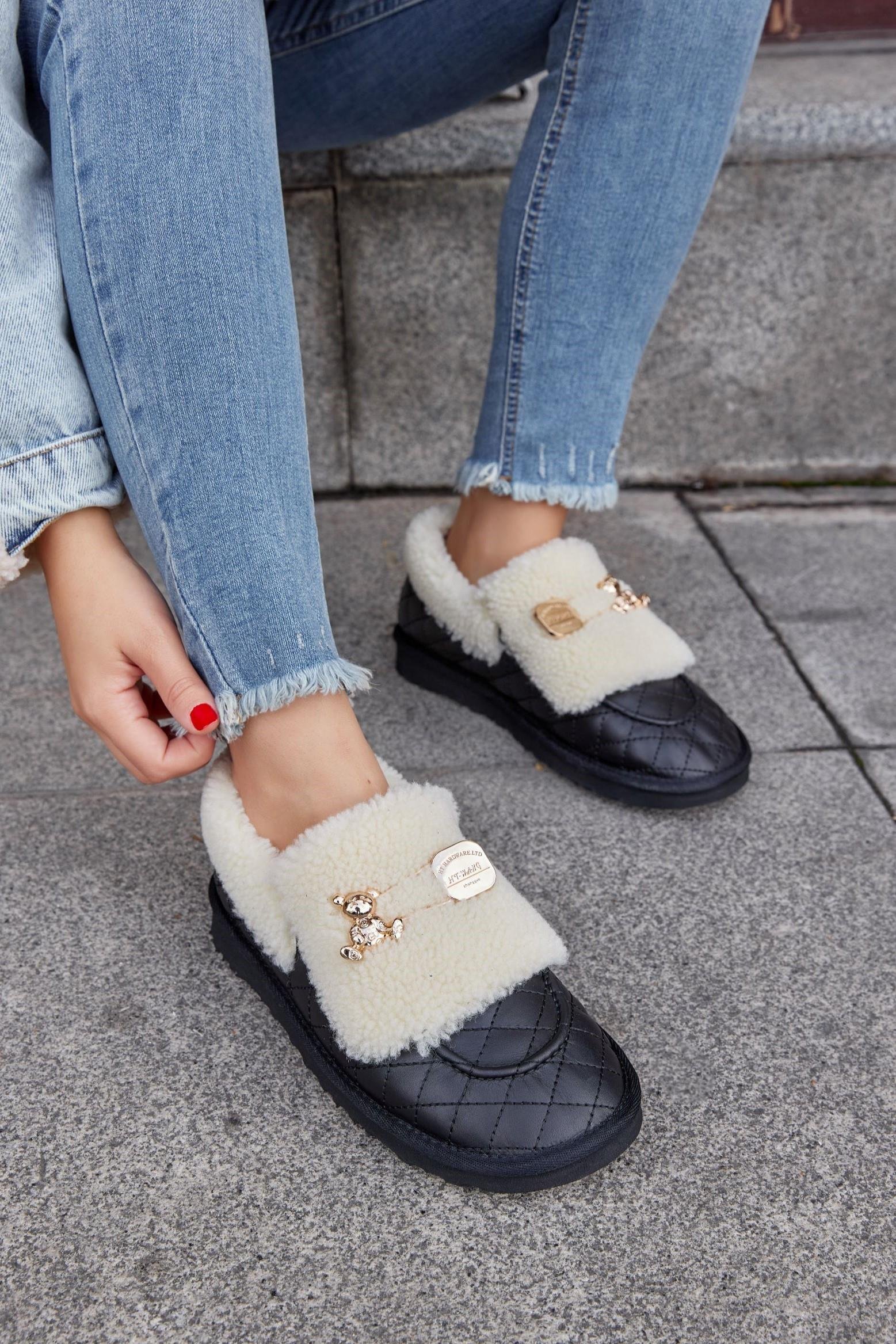 Winter Teddy Siyah Hakiki Deri Yünlü Kadın Bot