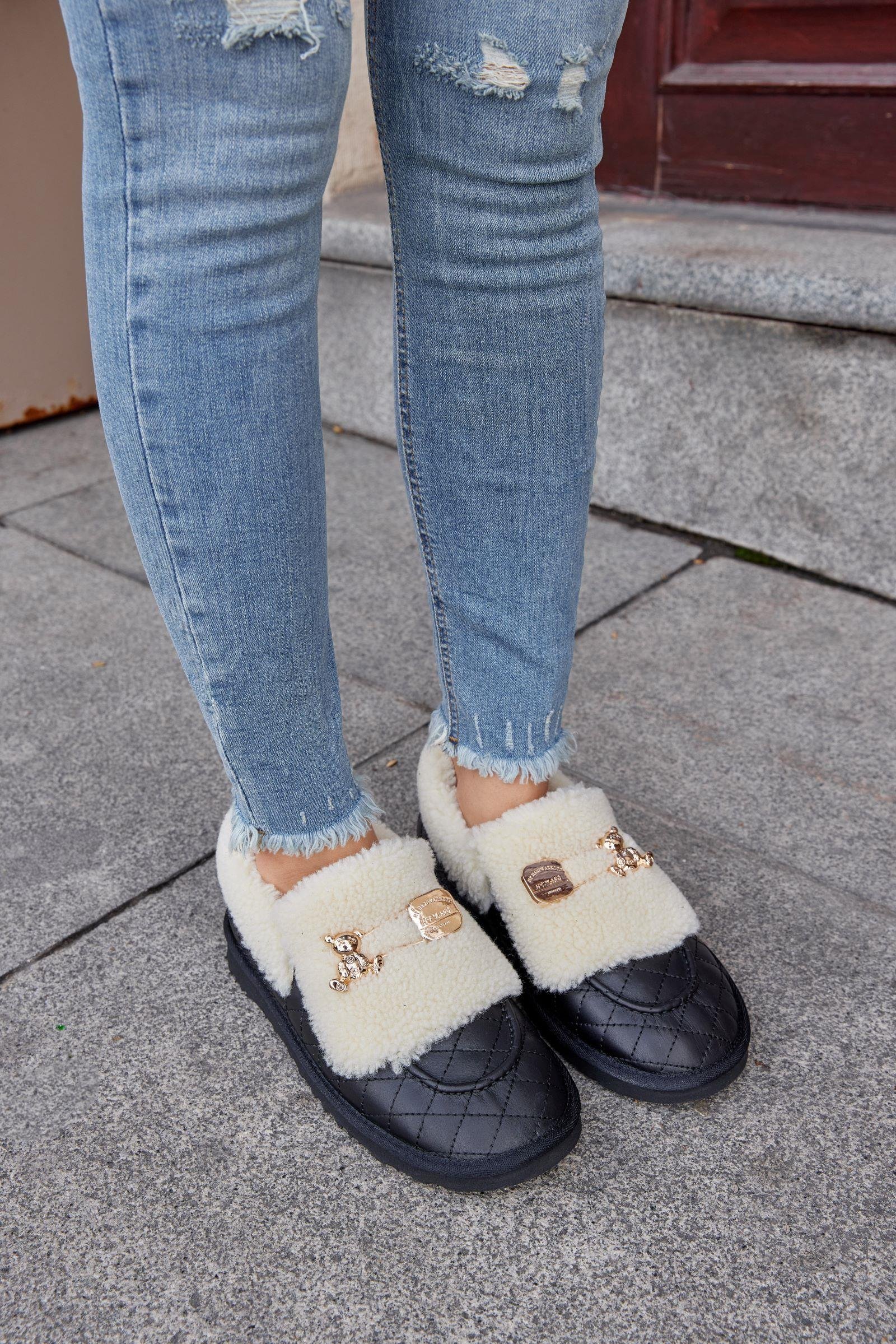 Winter Teddy Siyah Hakiki Deri Yünlü Kadın Bot