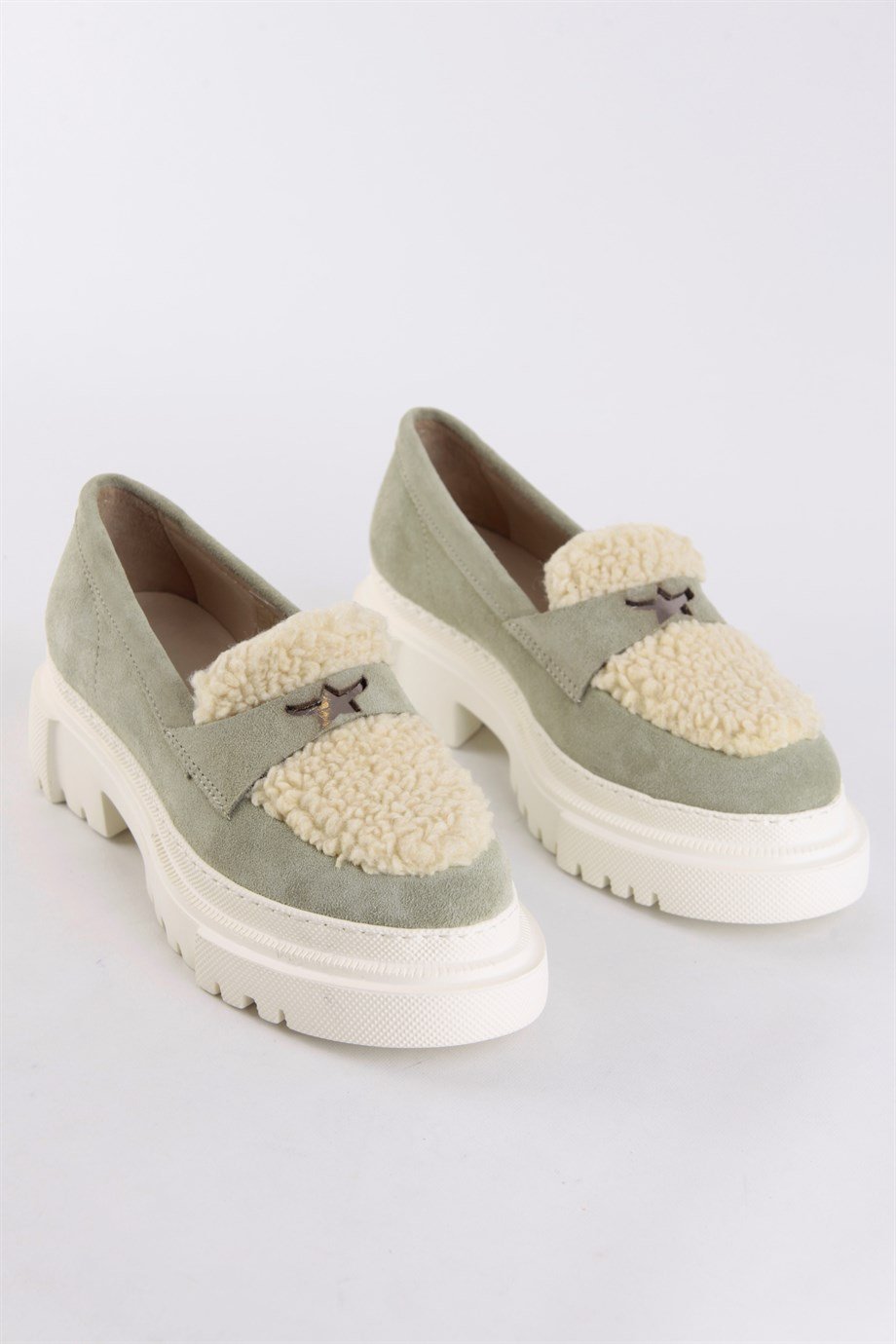 Yummy Avokado Süet Kürklü Kadın Loafer