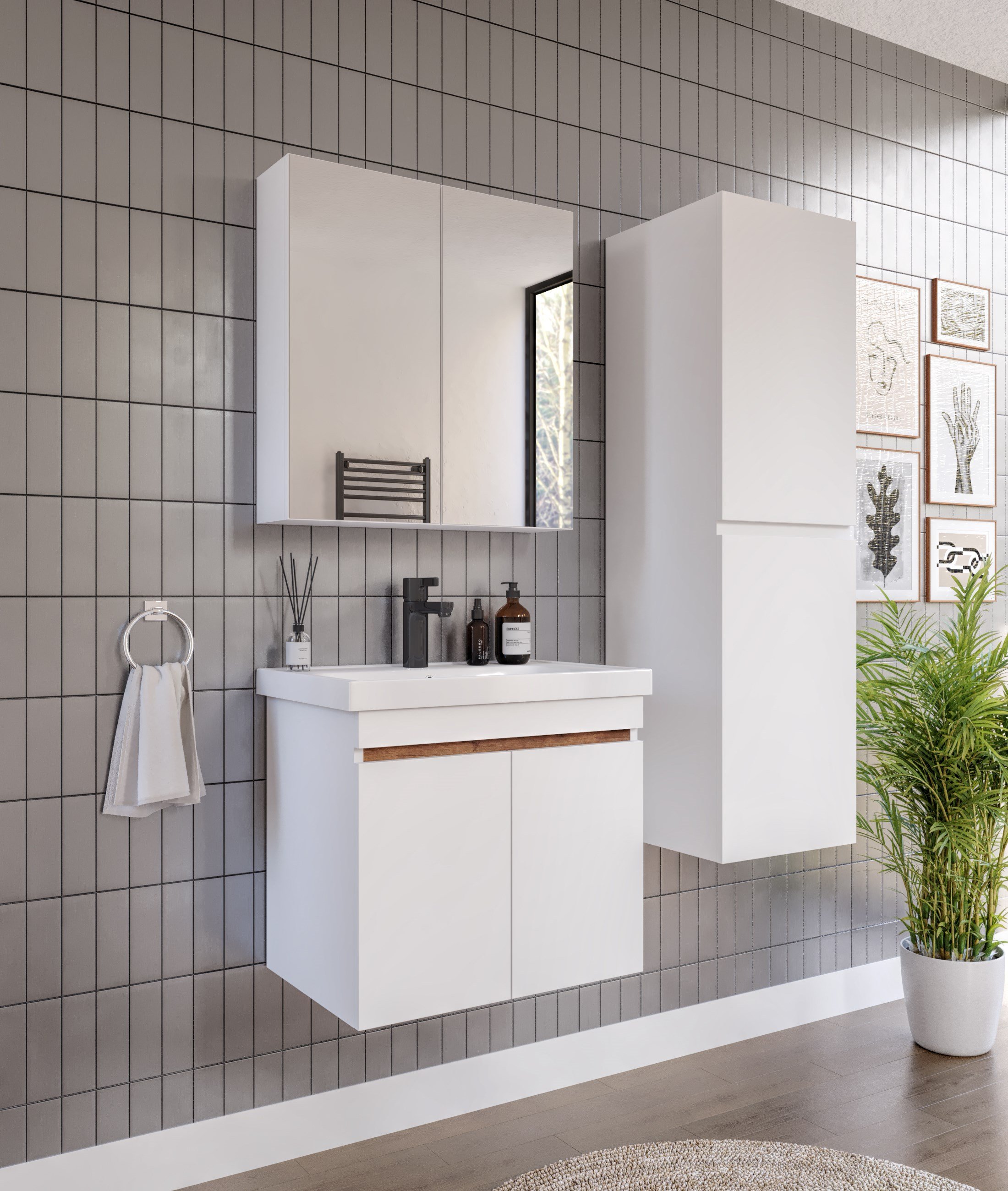 ALNİLAM 3'LÜ BANYO DOLABI TAKIMI-65'lik Hilton Lavabo