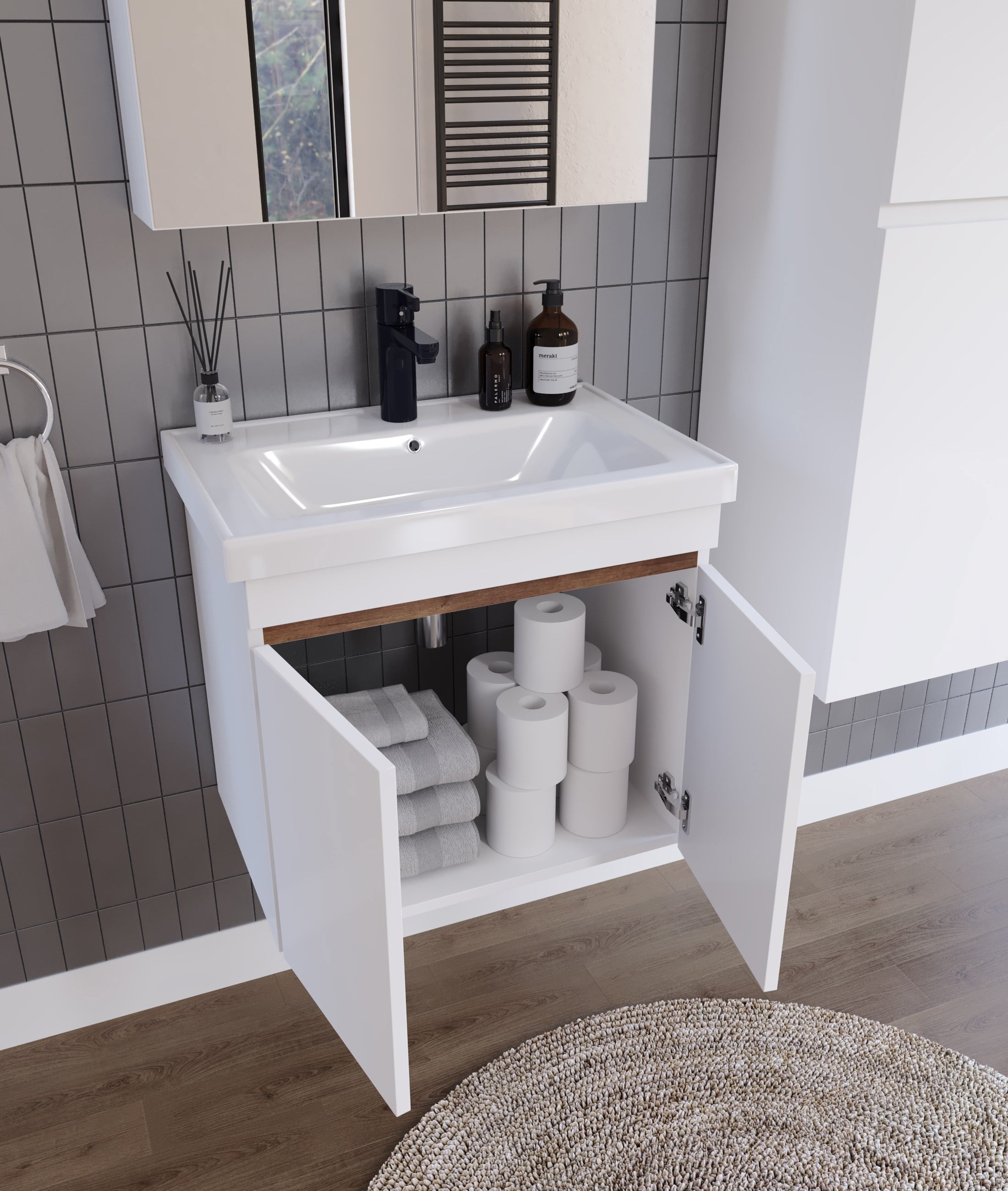 ALNİLAM 3'LÜ BANYO DOLABI TAKIMI-65'lik Hilton Lavabo