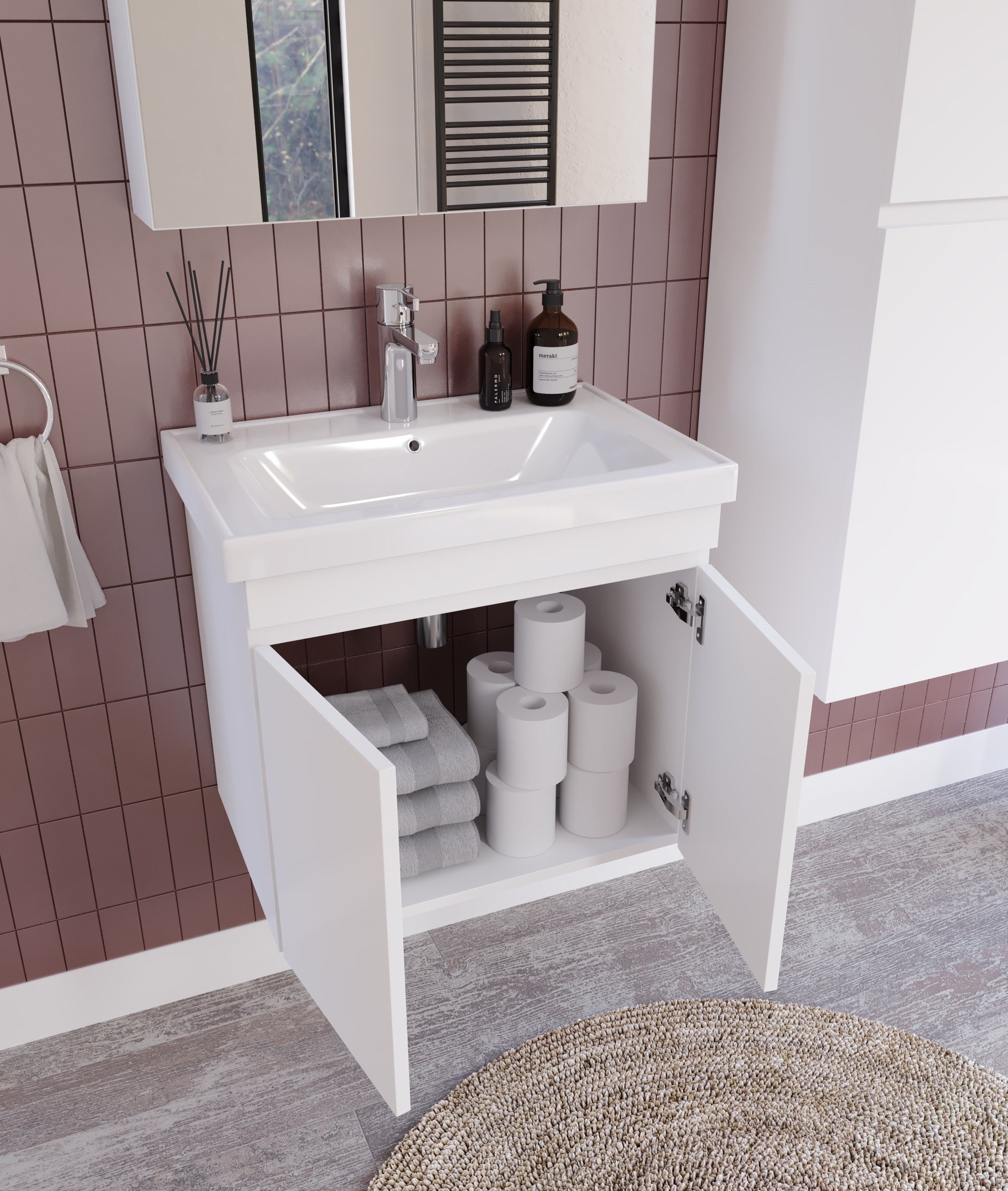 ALNİTAK 3'LÜ BANYO DOLABI TAKIMI-65'lik Hilton Lavabo