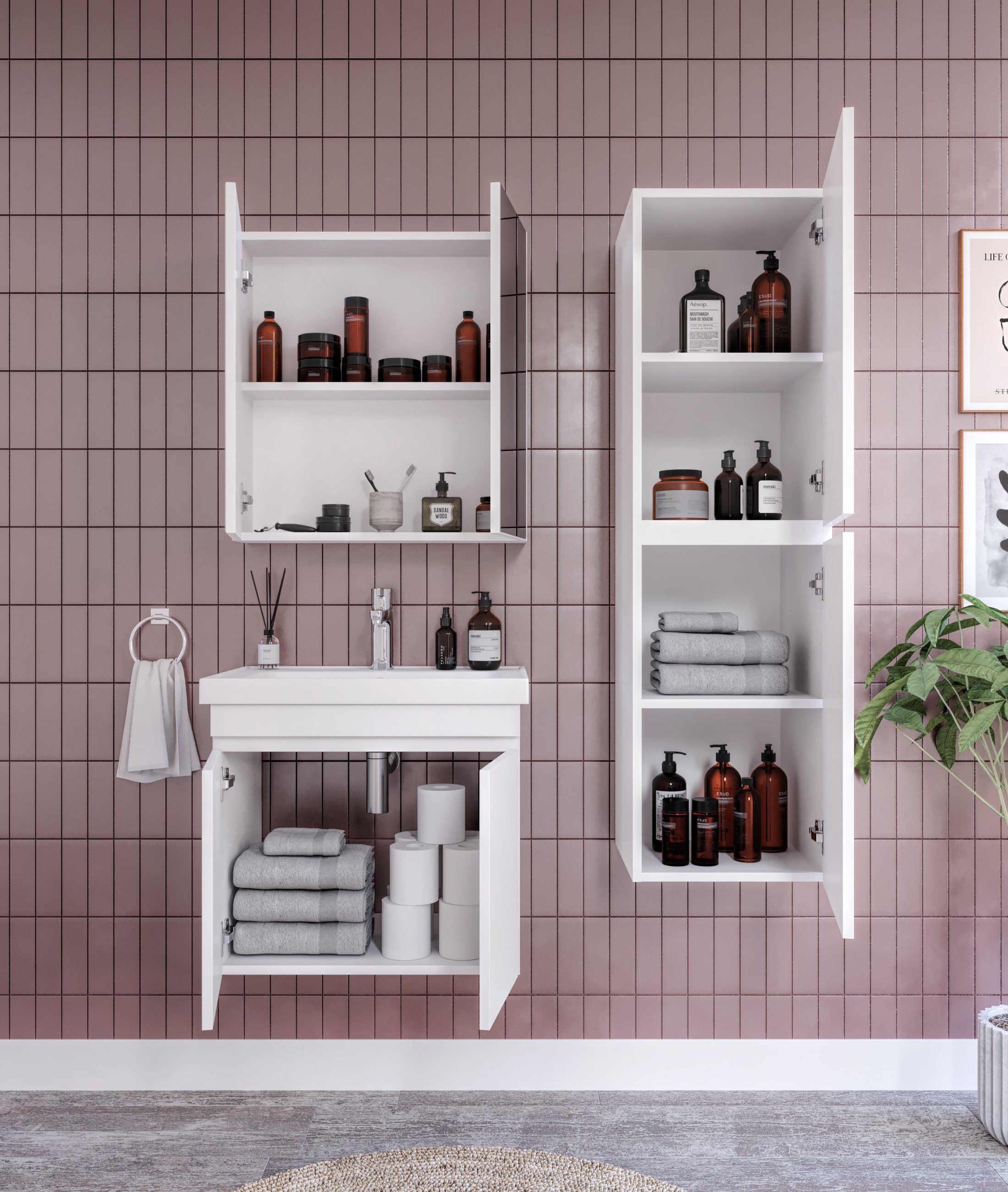 ALNİTAK 3'LÜ BANYO DOLABI TAKIMI-65'lik Hilton Lavabo