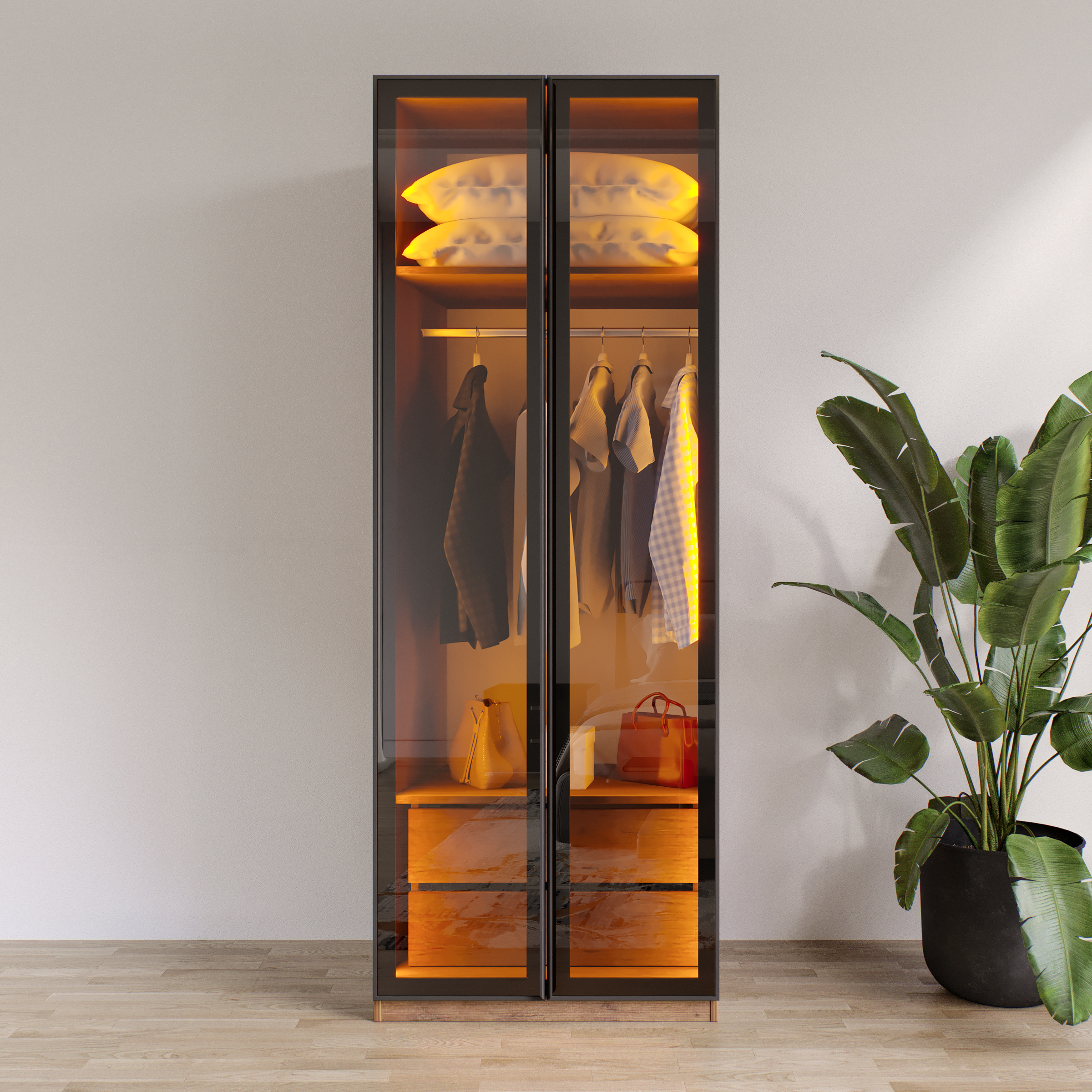 AURA 2 Füme Camlı Alimünyum Kapaklı 2 Çekmeceli Giyinme Dolabı Led Askılıklı Tamamı Mdf