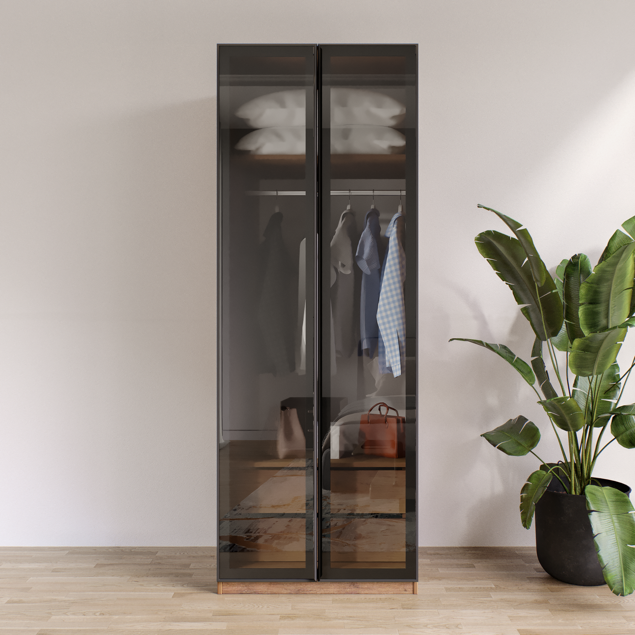 AURA 2 Füme Camlı Alimünyum Kapaklı 2 Çekmeceli Giyinme Dolabı Led Askılıklı Tamamı Mdf